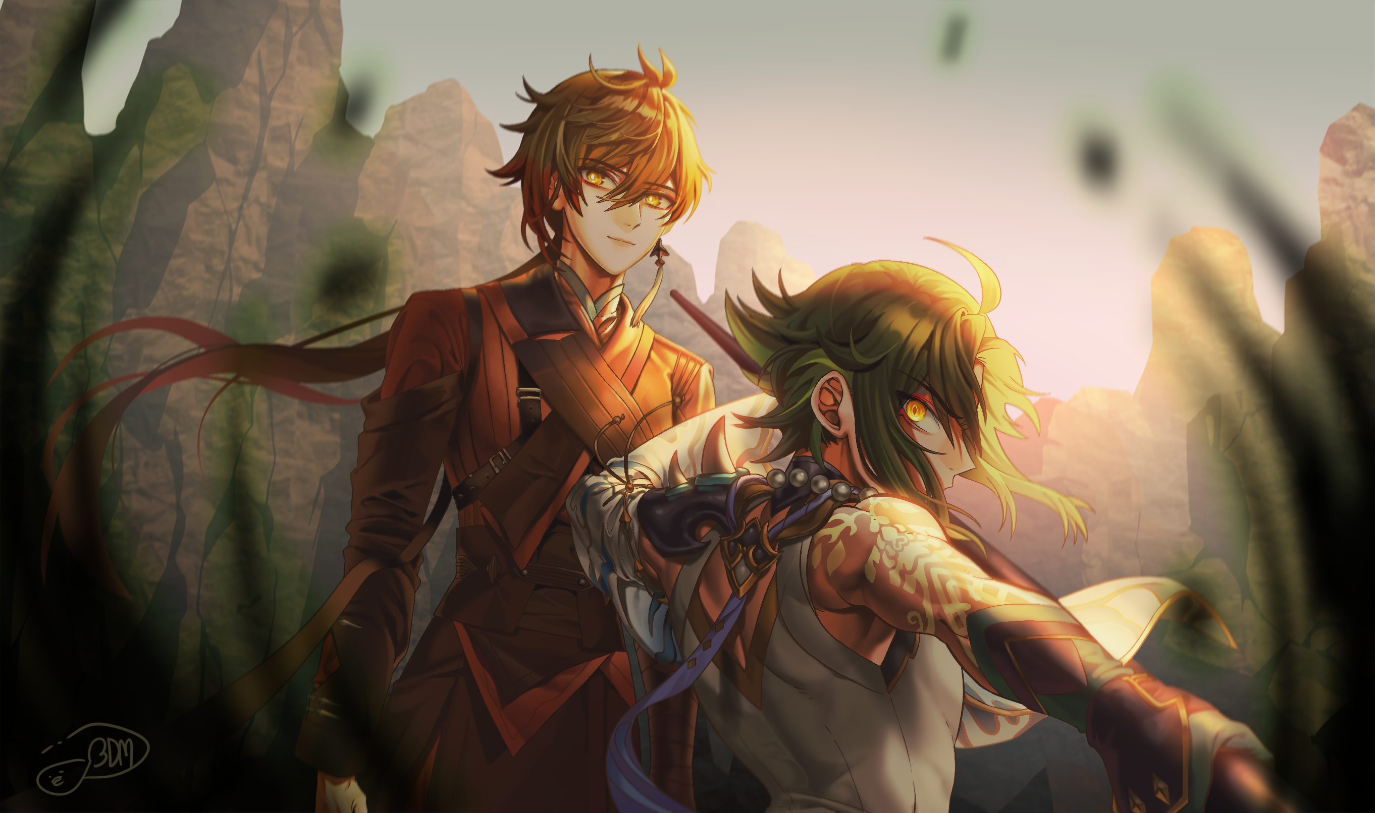 Genshin Impact Zhongli and Xiao Golden Hour HD Wallpaper