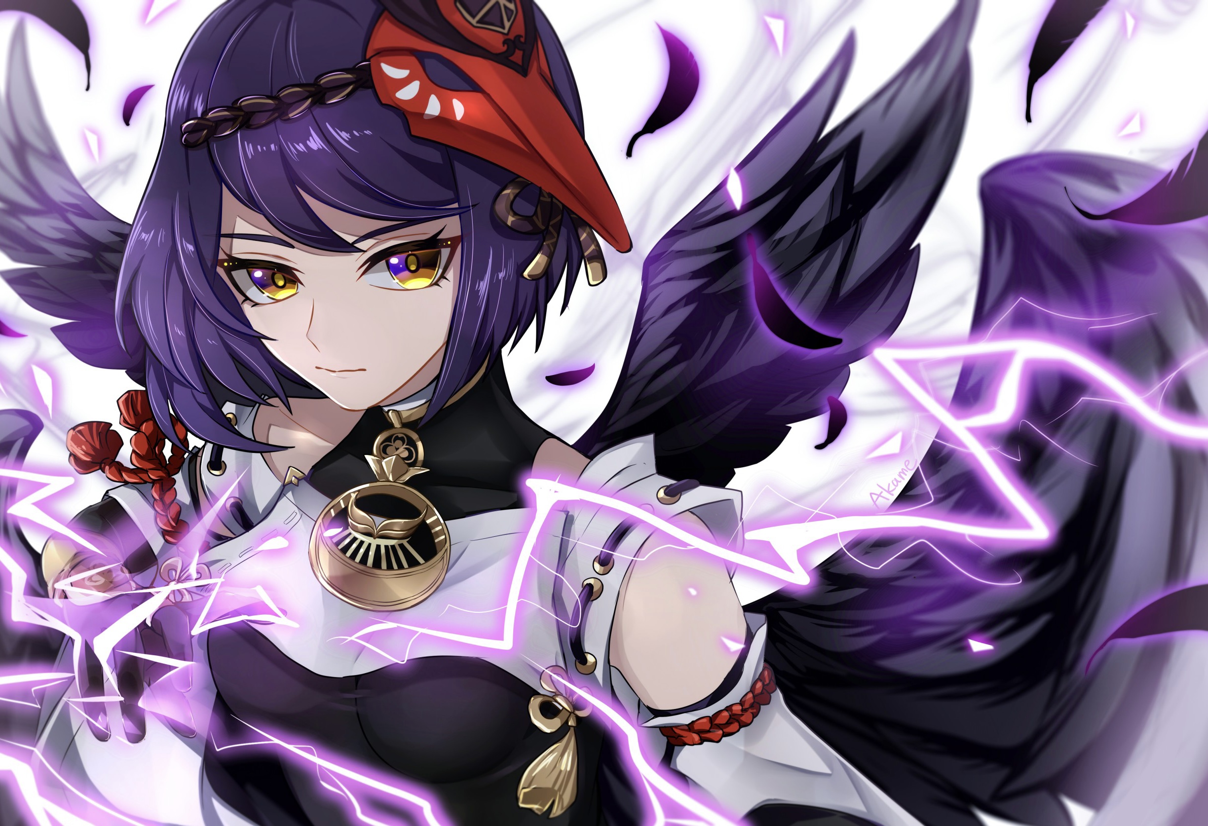 Kujou Sara with black wings and purple lightning HD Wallpaper