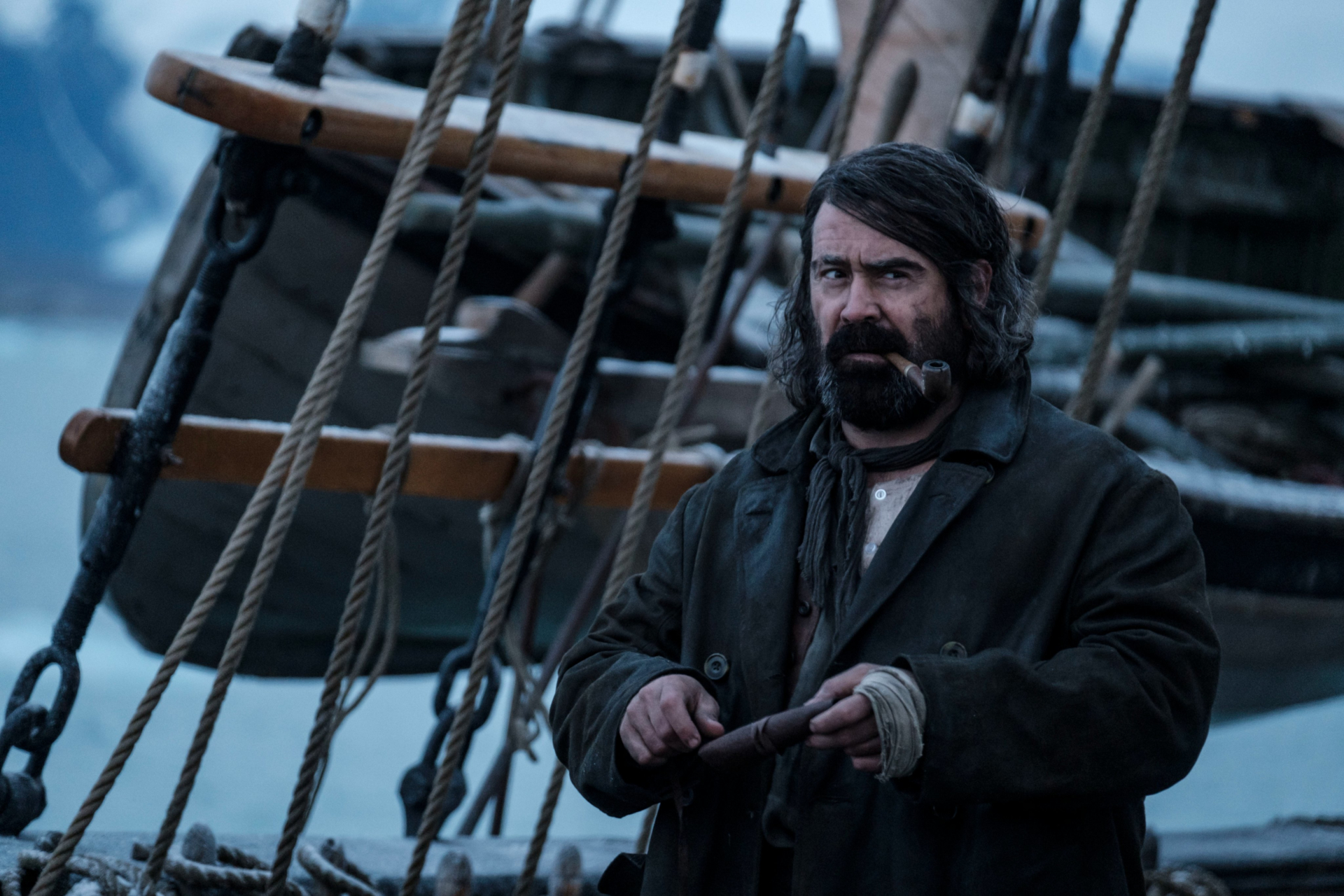 Colin Farrell with pipe on ship in The North Water HD Wallpaper
