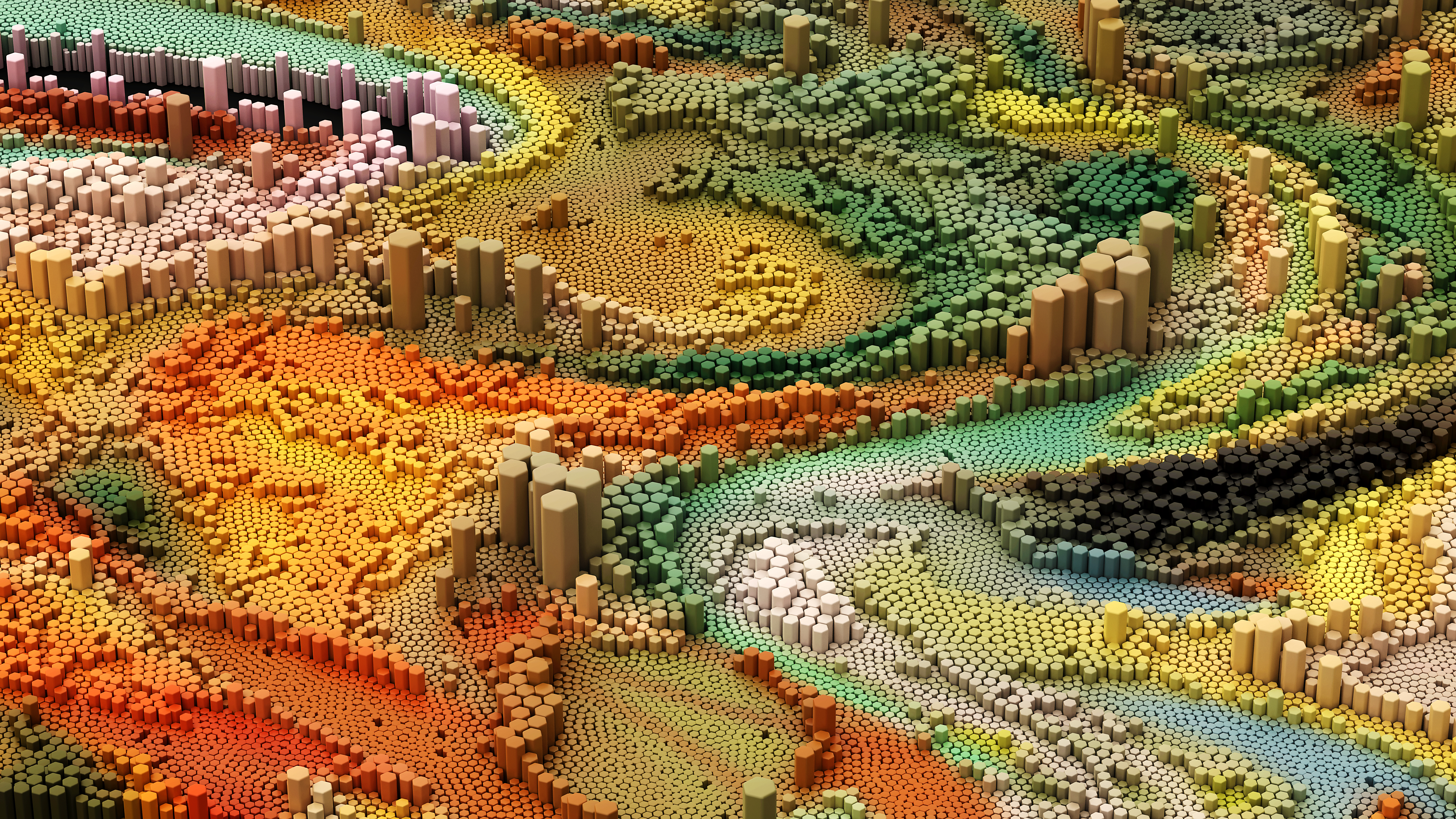 Abstract Digital Landscape of Colorful Hexagonal Pillars HD Wallpaper