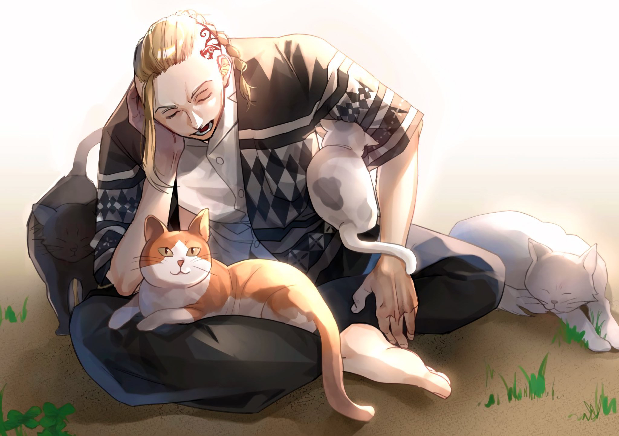Ken Ryuguji resting peacefully with his cats HD Wallpaper