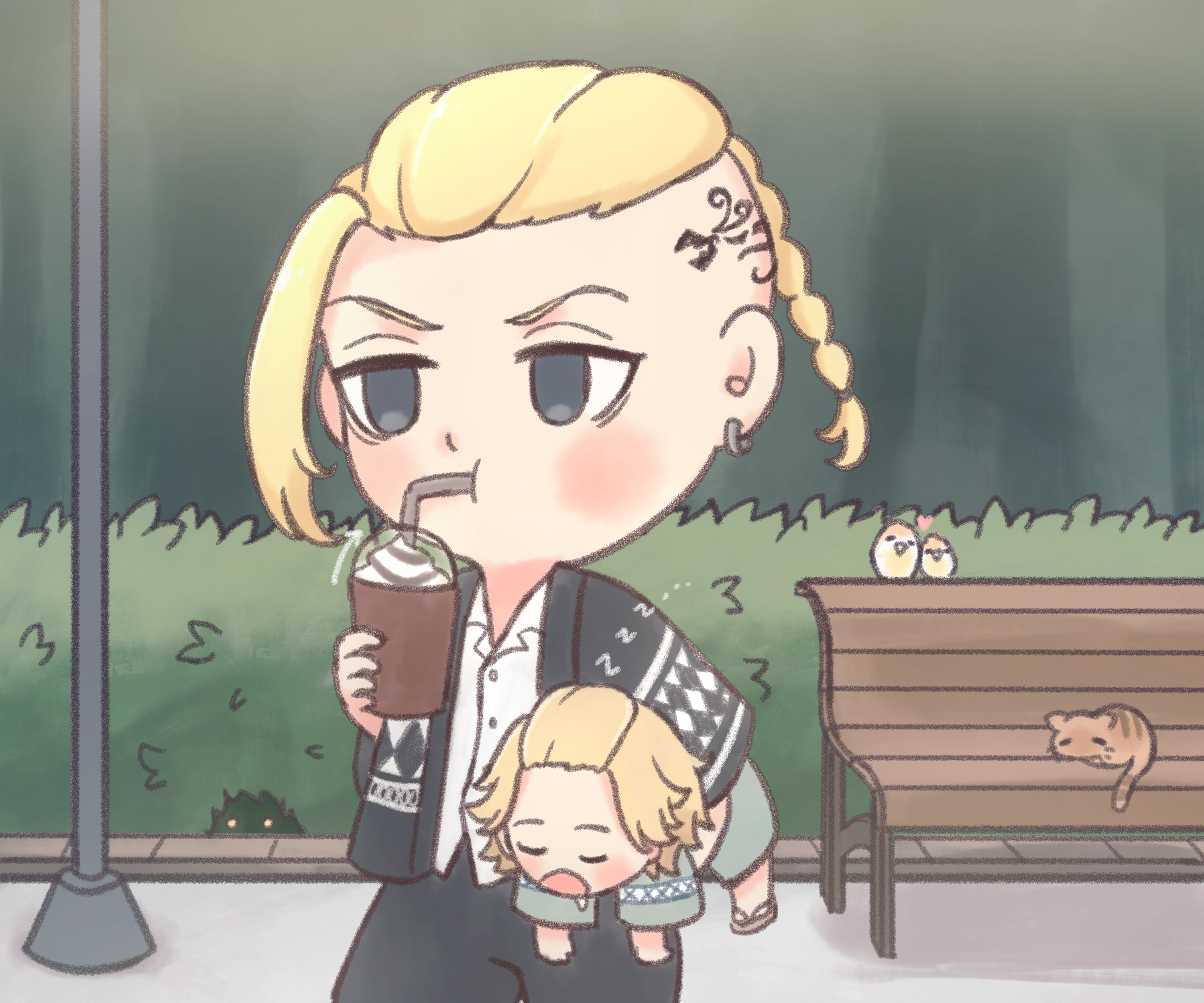 Chibi Ken Ryuguji carrying Mikey and drinking coffee HD Wallpaper