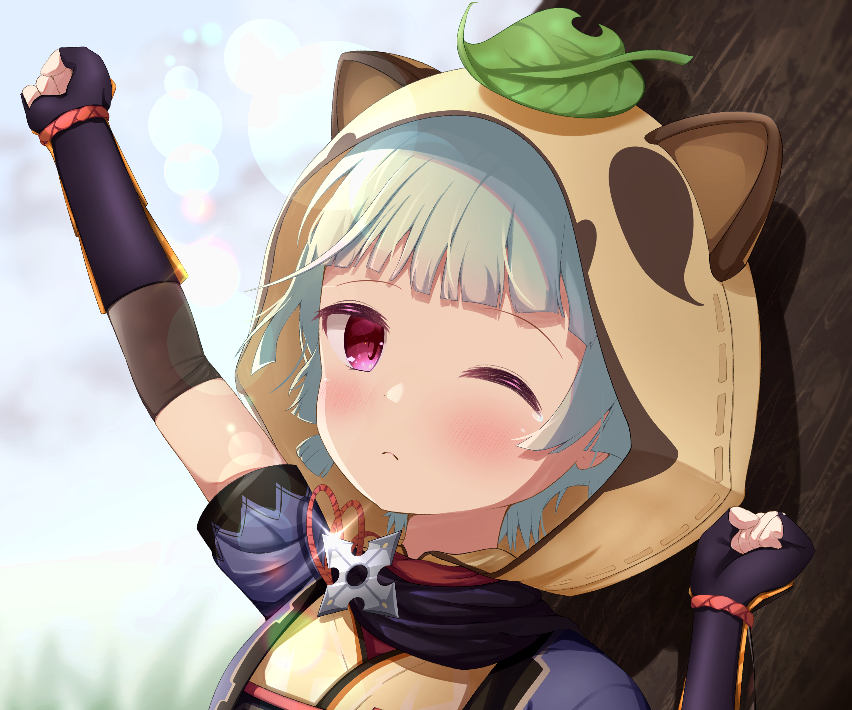 Sayu (Genshin Impact) winking in her tanuki hoodie HD Wallpaper