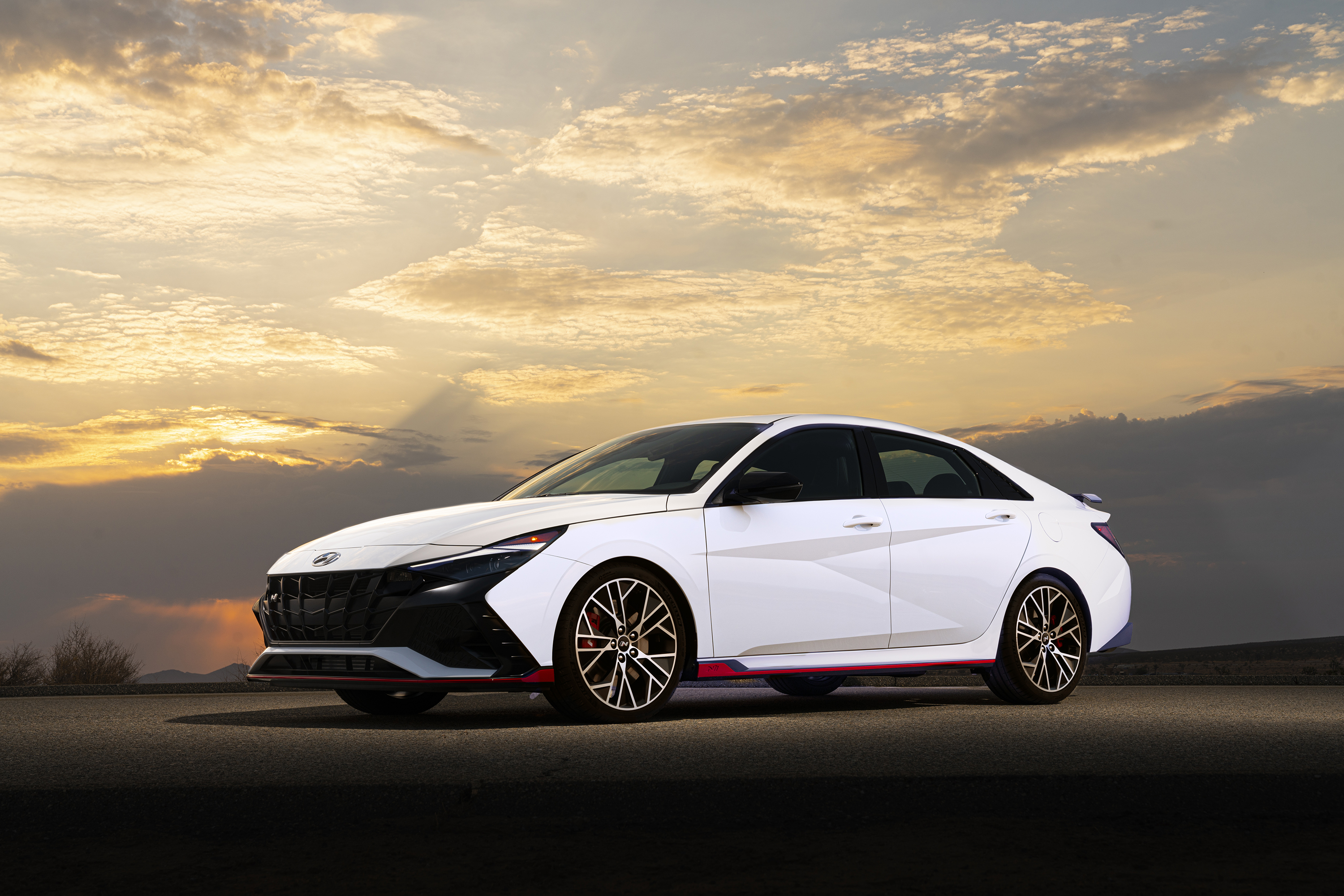 2022 White Hyundai Elantra N Sport Car at Sunset HD Wallpaper
