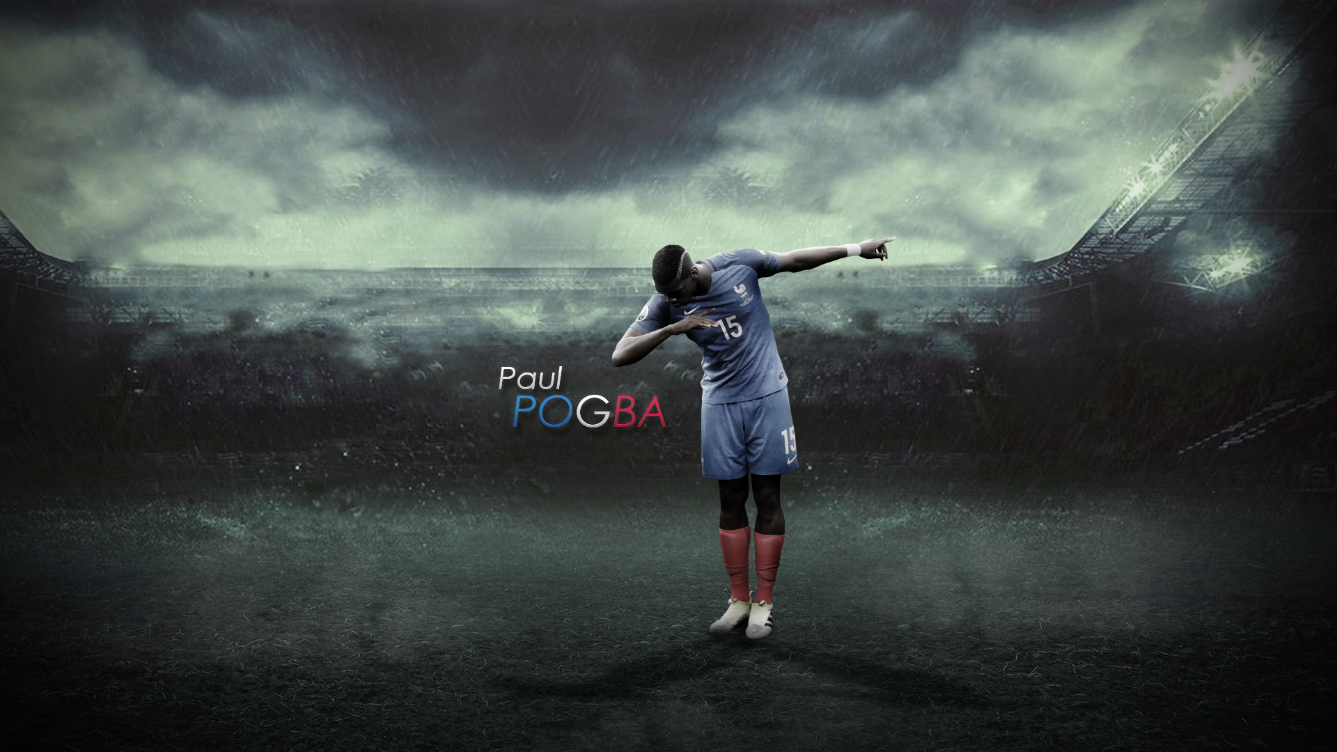 Paul Pogba dabbing for France in a stormy stadium HD Wallpaper