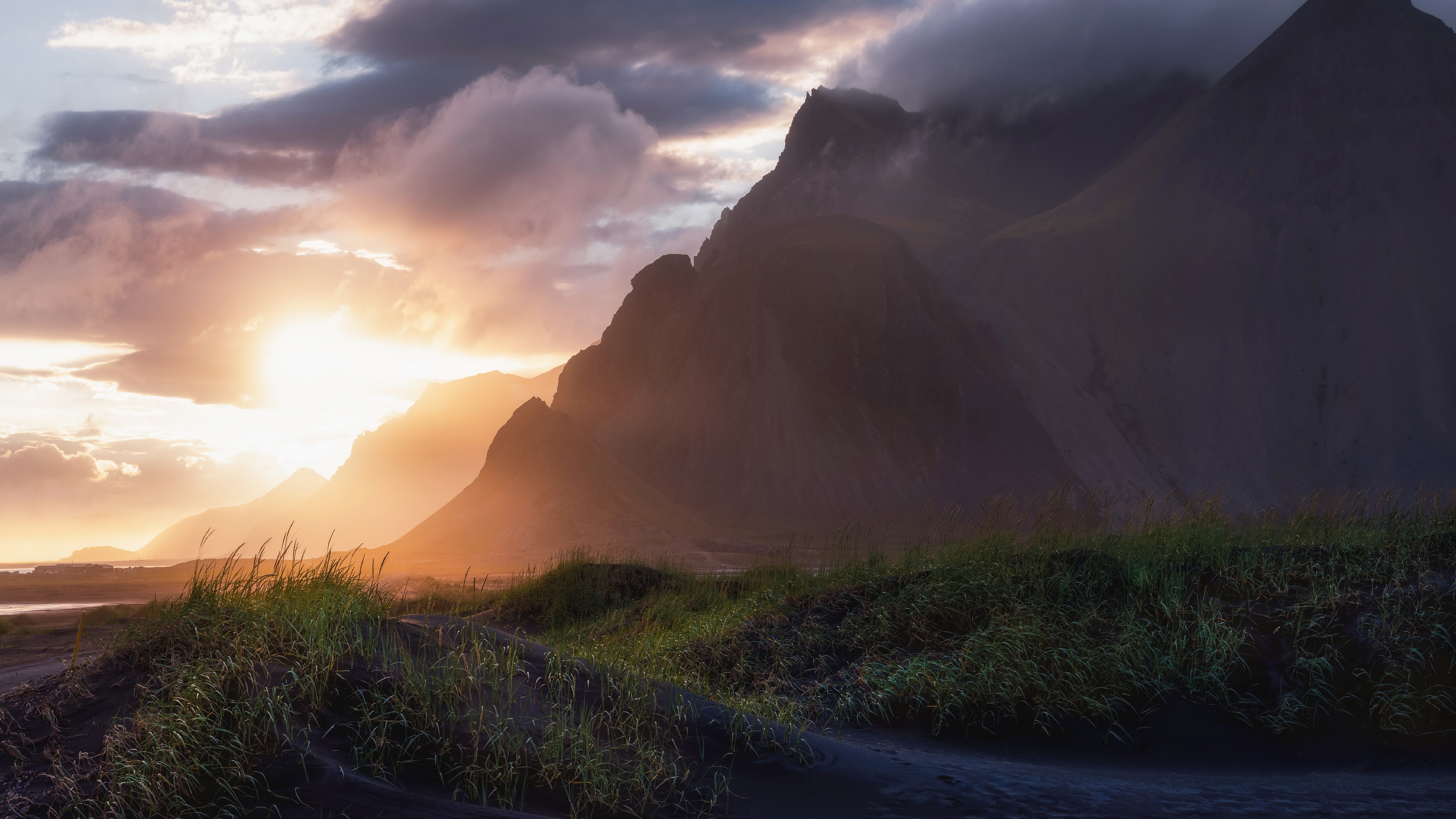 Golden Sunset over Dark Mountains HD Wallpaper