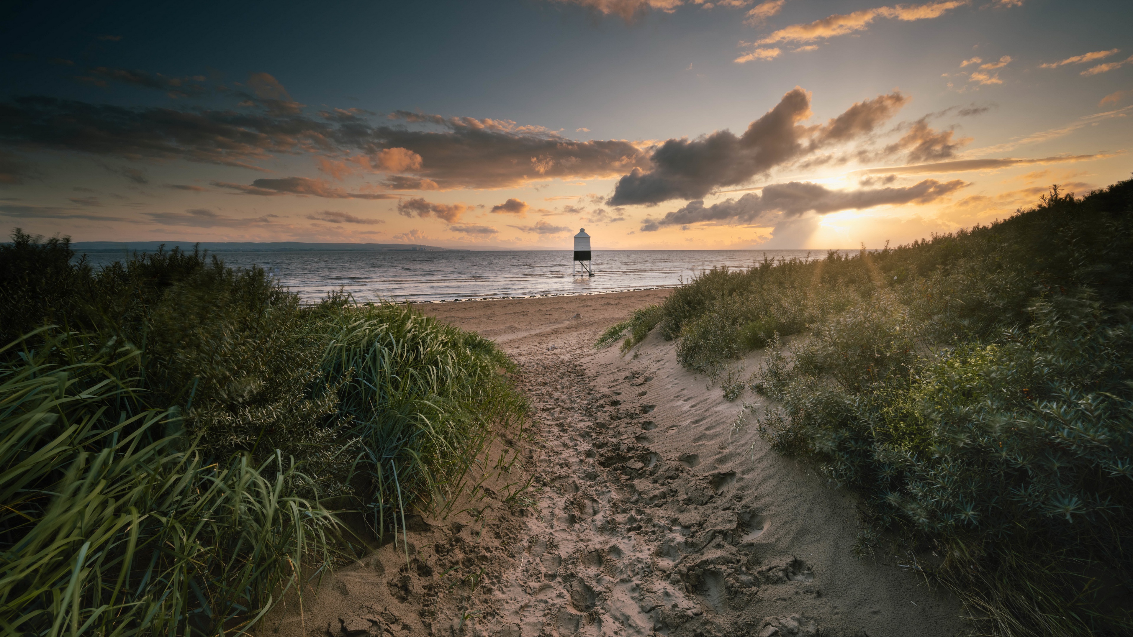 4K Sunset Beach Path to Ocean with Beacon HD Wallpaper