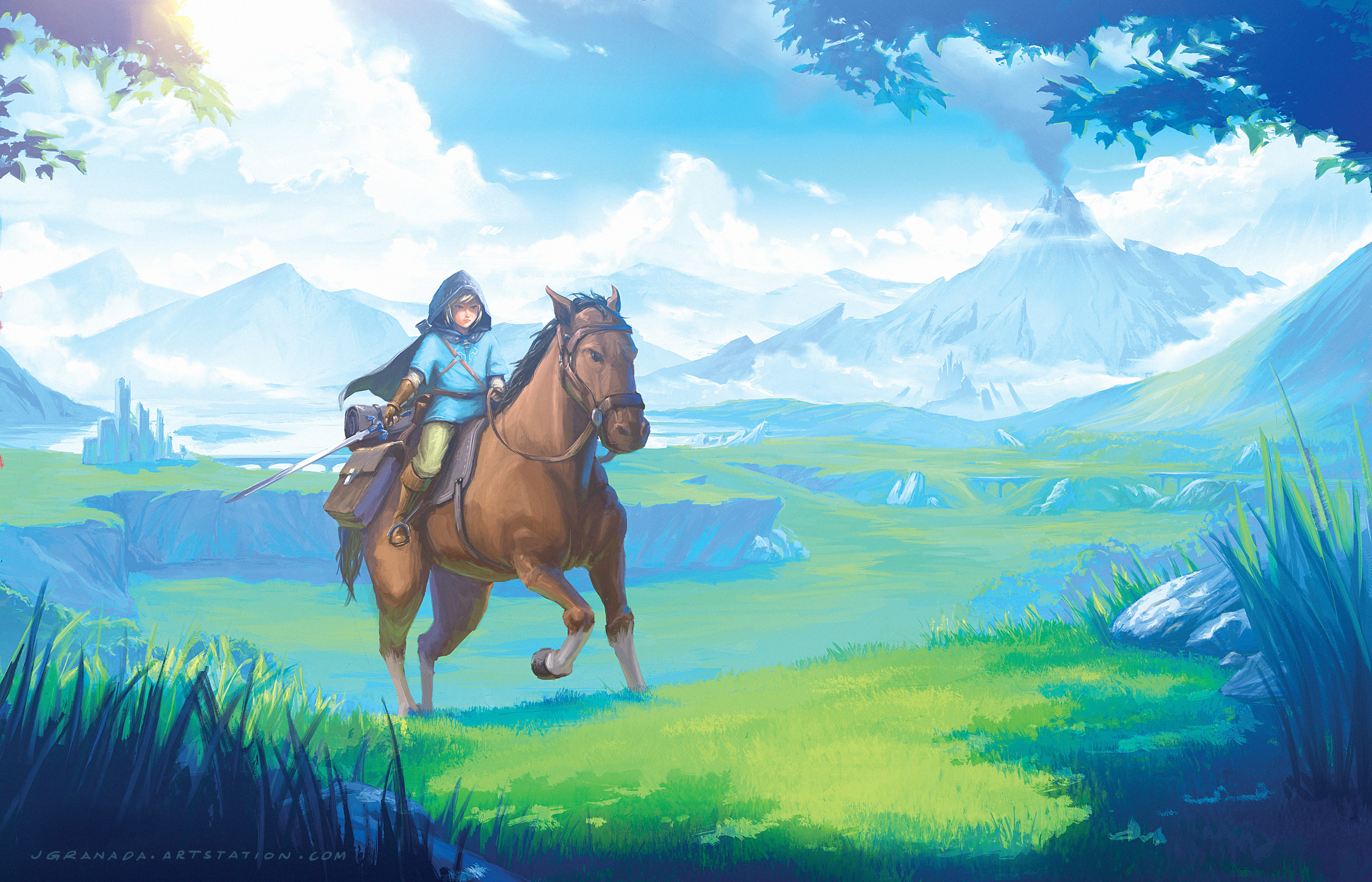 Link riding horse in vast Breath of the Wild landscape HD Wallpaper