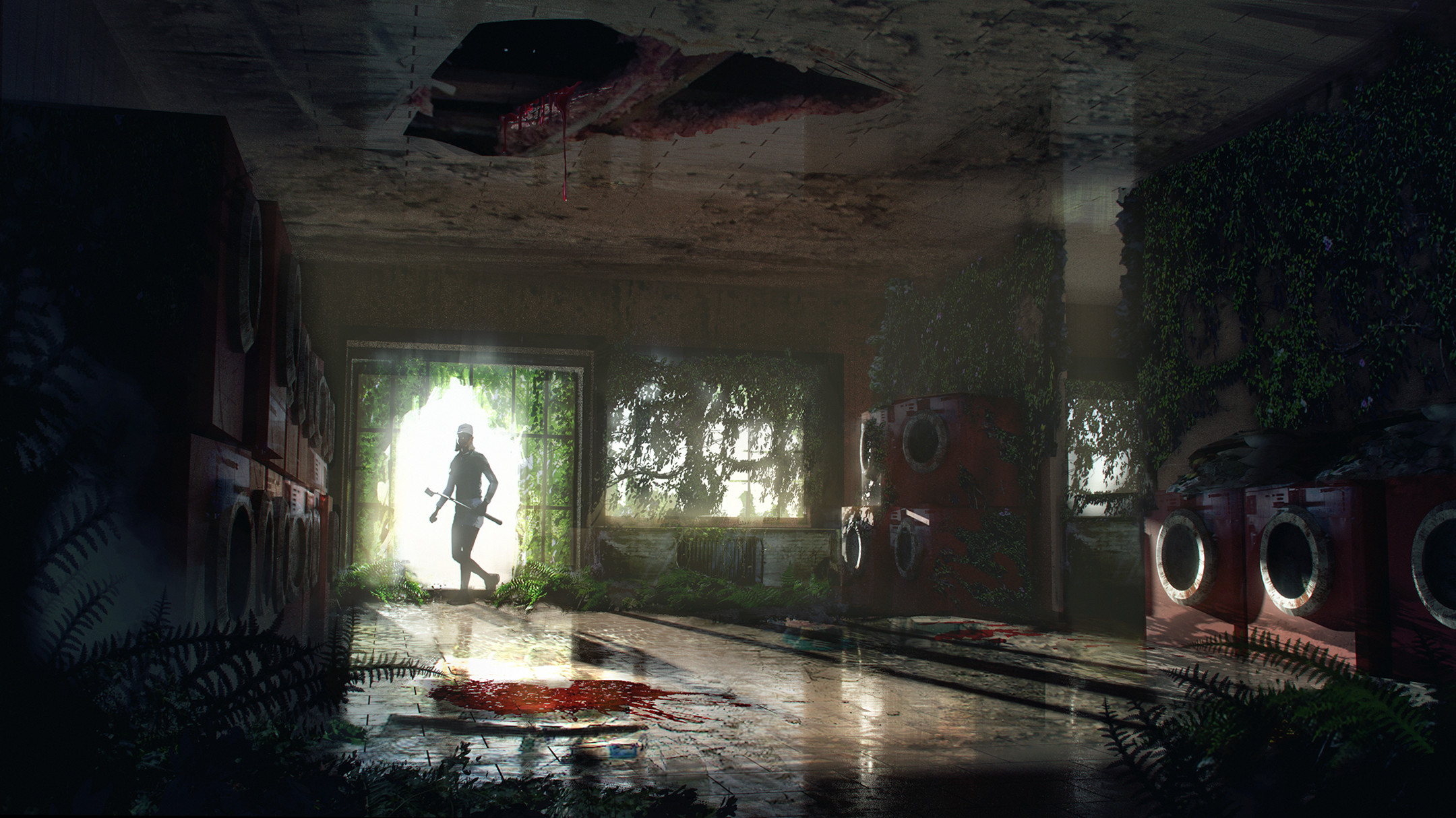 Post-Apocalyptic Laundromat: Survivor and Bloodstains HD Wallpaper