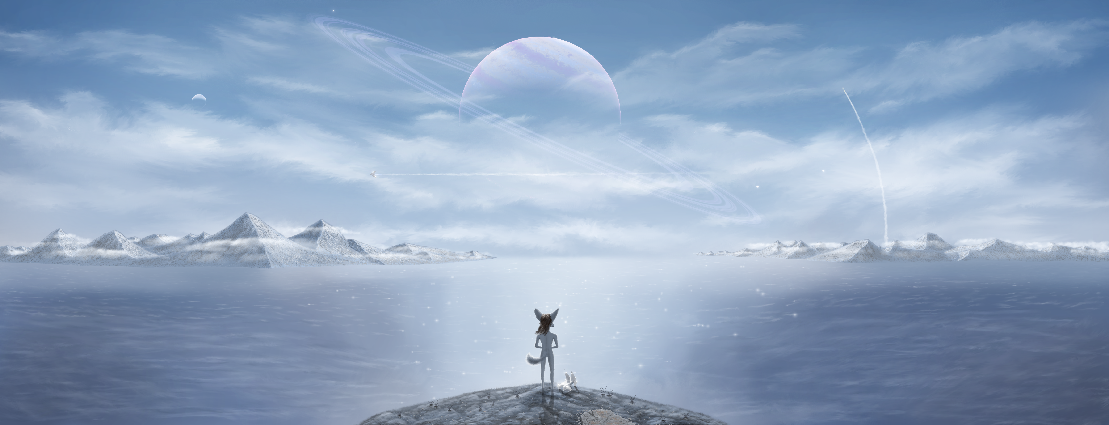 Furry watches gas giant over distant ocean world HD Wallpaper