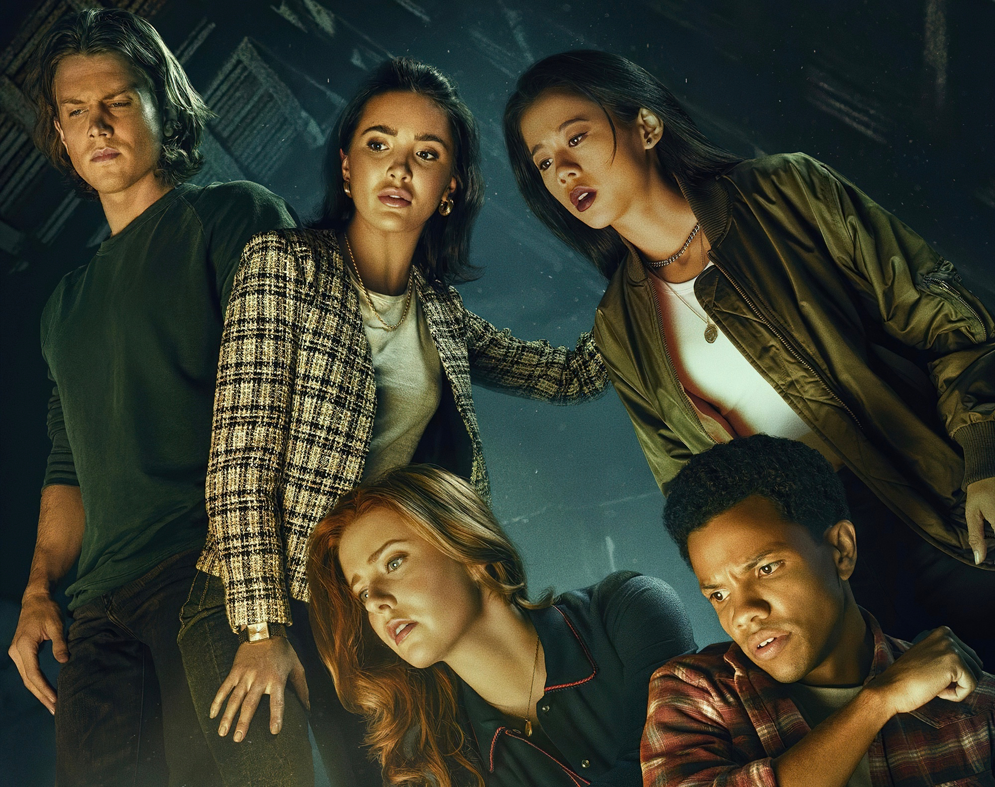 Five young people looking down intently HD Wallpaper