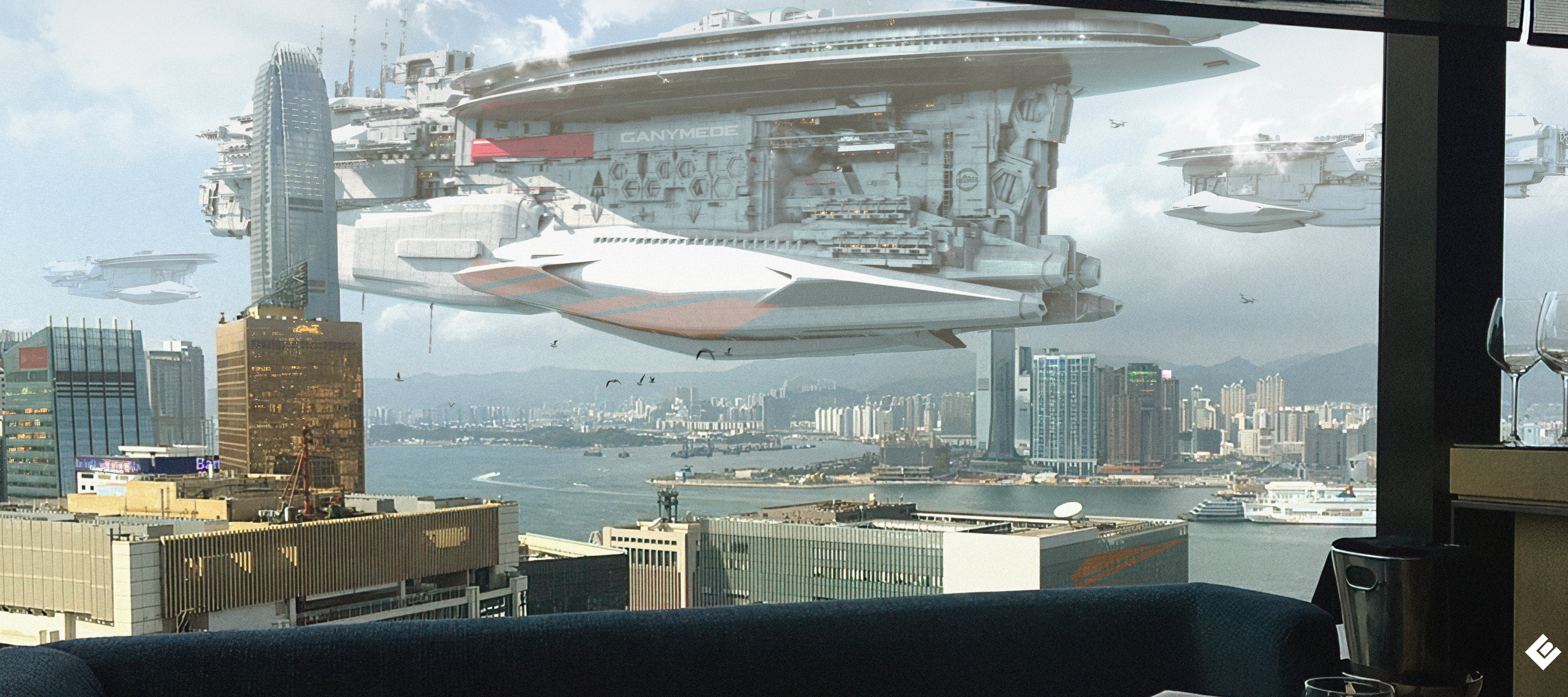 Room With a View: Canymede Ships over Futuristic Hong Kong HD Wallpaper