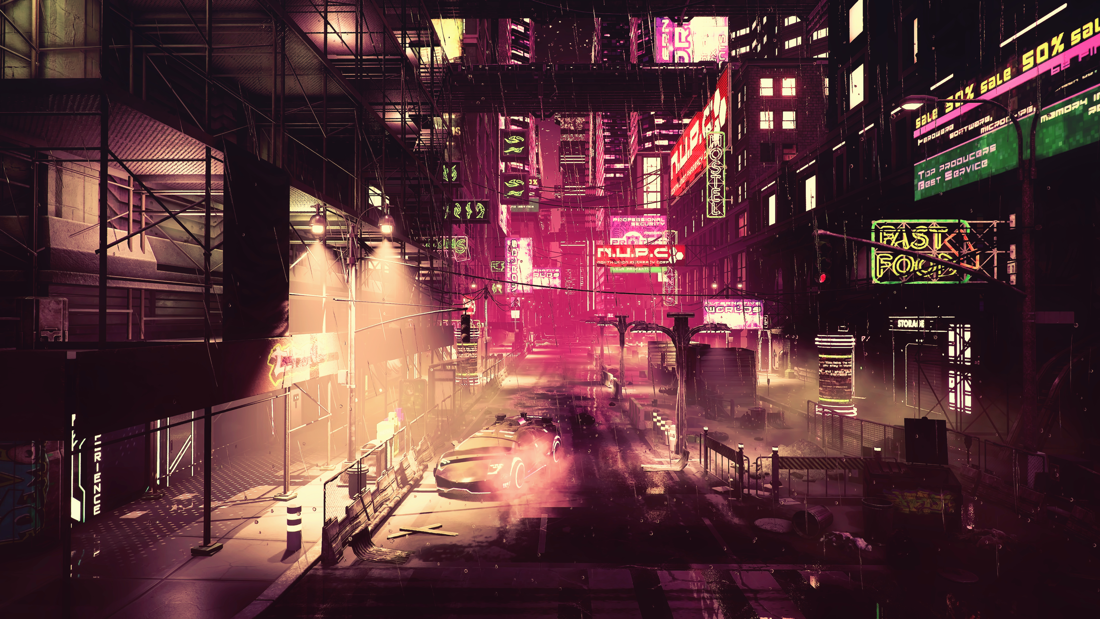 Neon Cyberpunk City Street with Futuristic Car HD Wallpaper