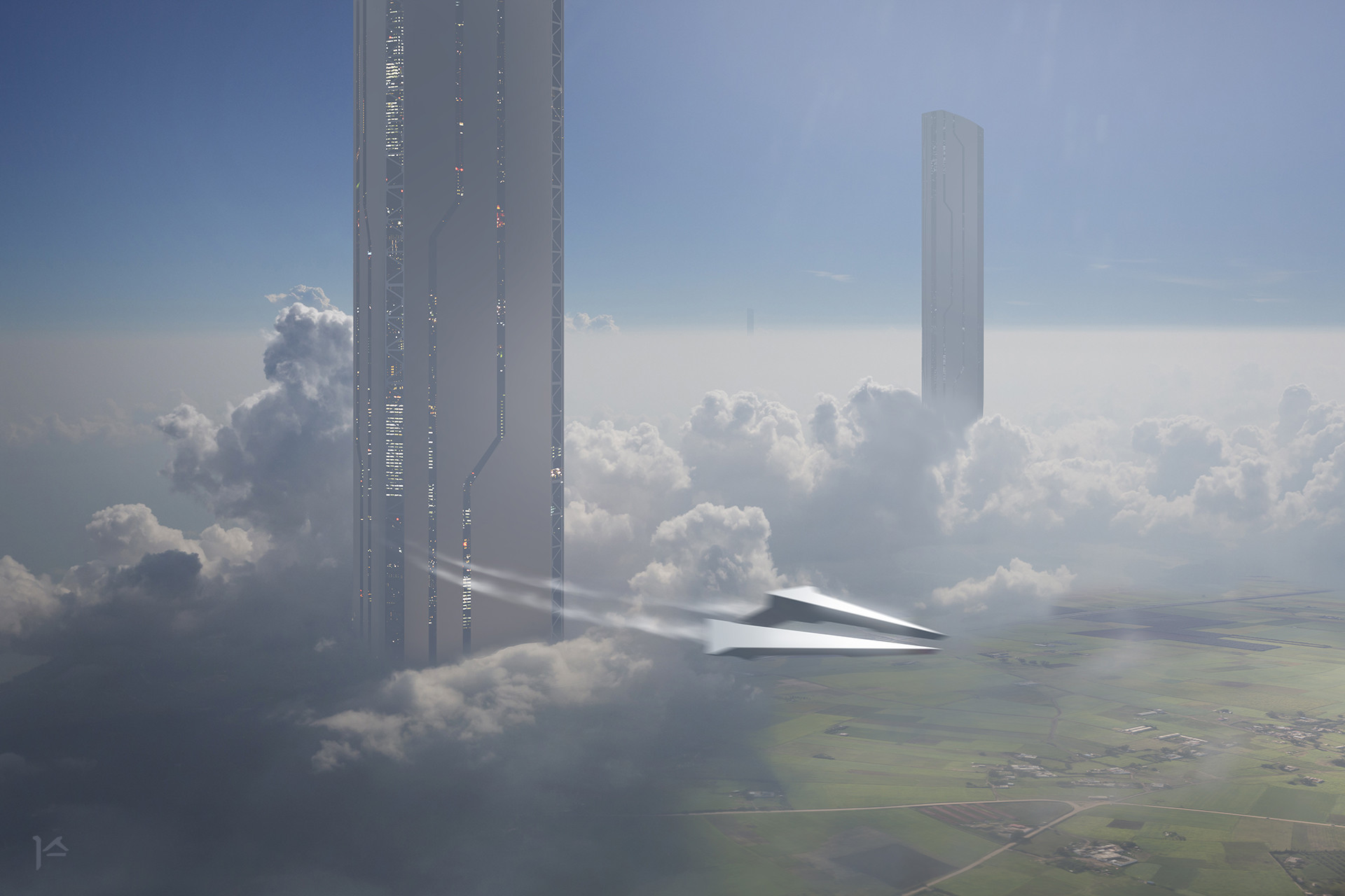 Futuristic Megacity Towers above clouds with sleek aircraft HD Wallpaper