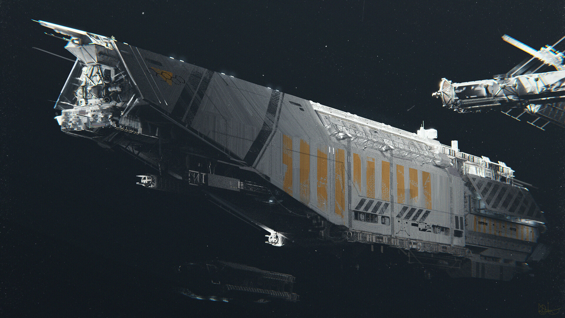 Industrial Sci-Fi Spaceship in Deep Space HD Wallpaper