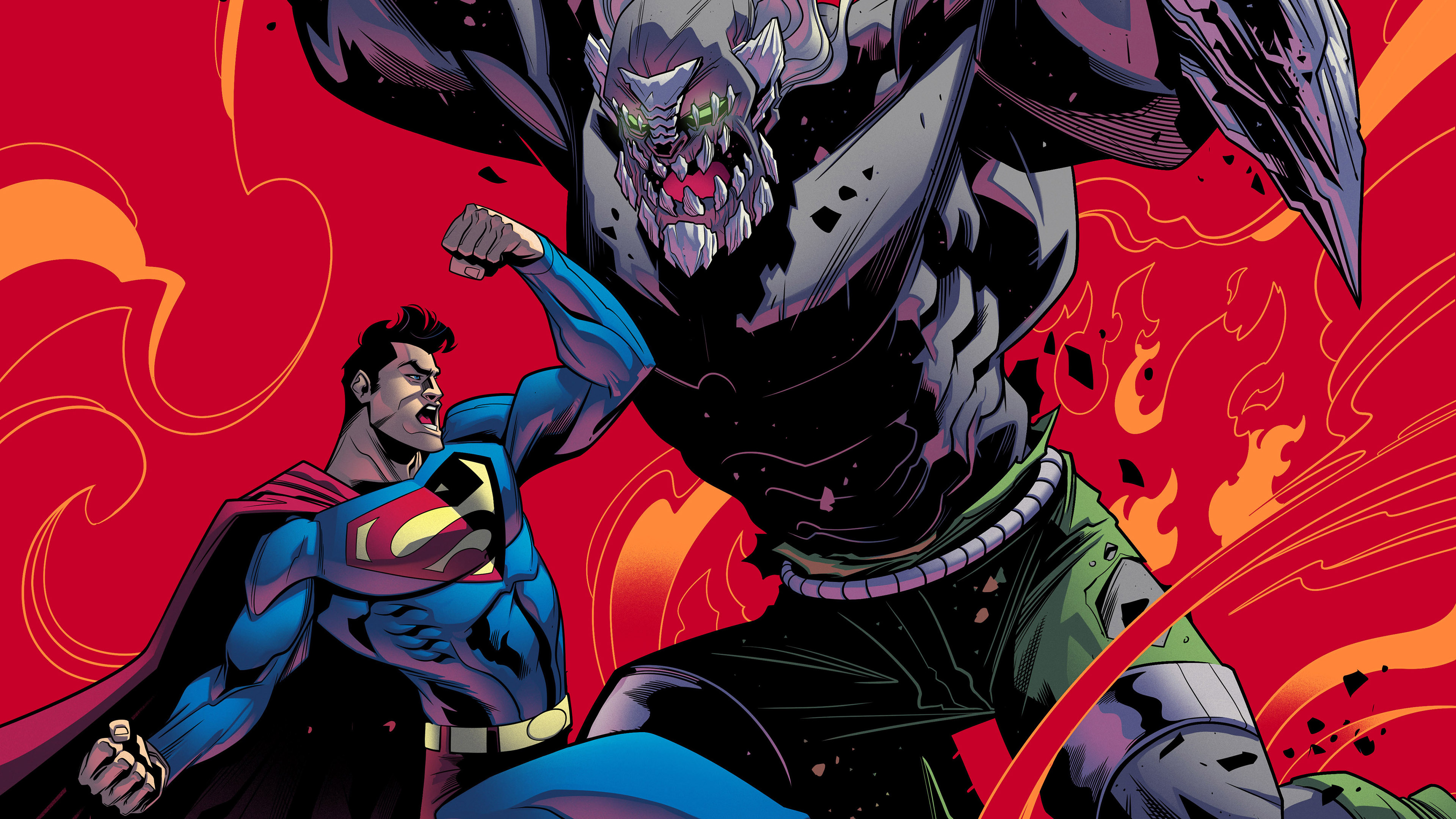 Superman and Doomsday clash in fiery comic art HD Wallpaper