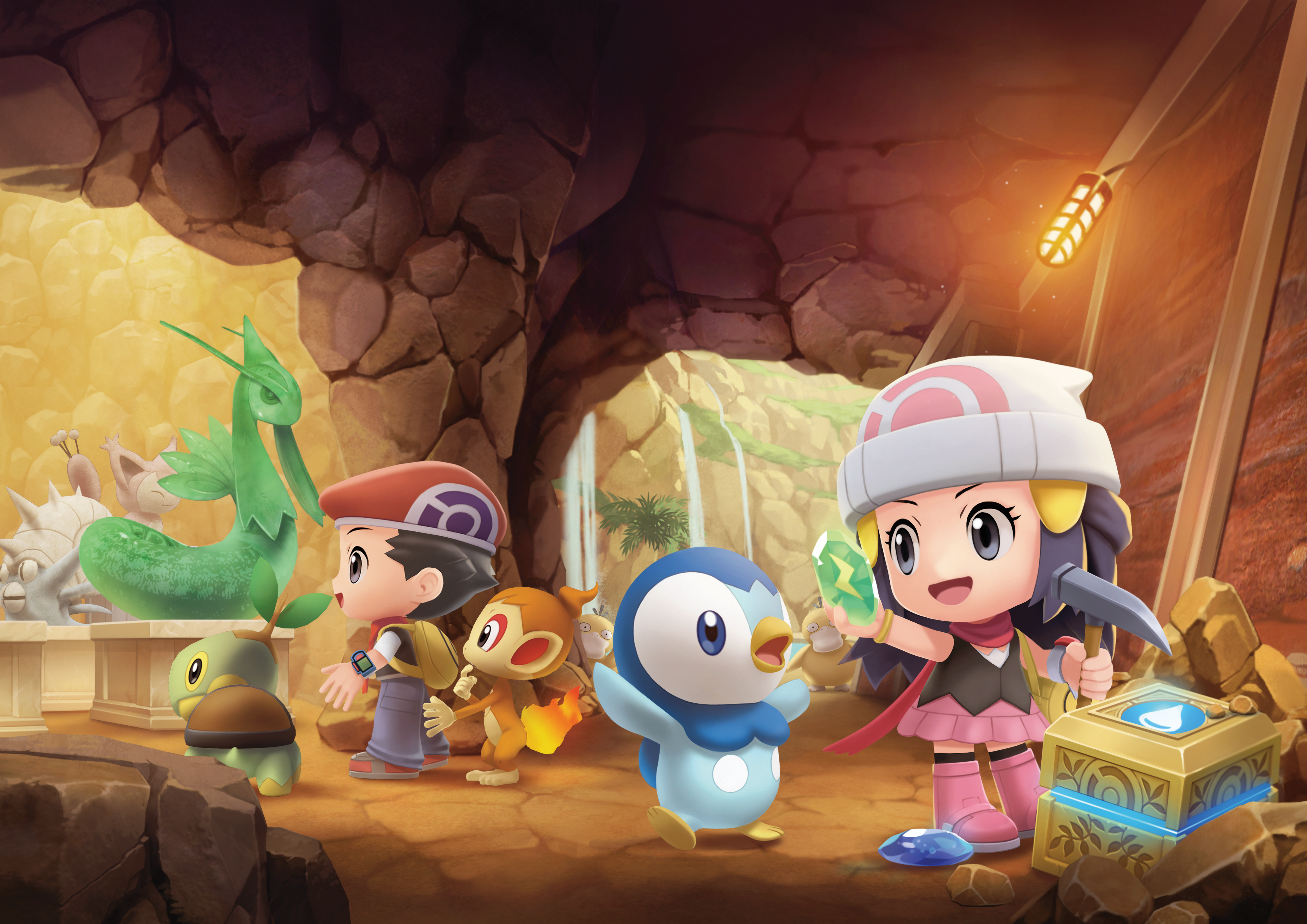 Chibi Dawn, Lucas, and Pokémon exploring the Grand Underground HD Wallpaper