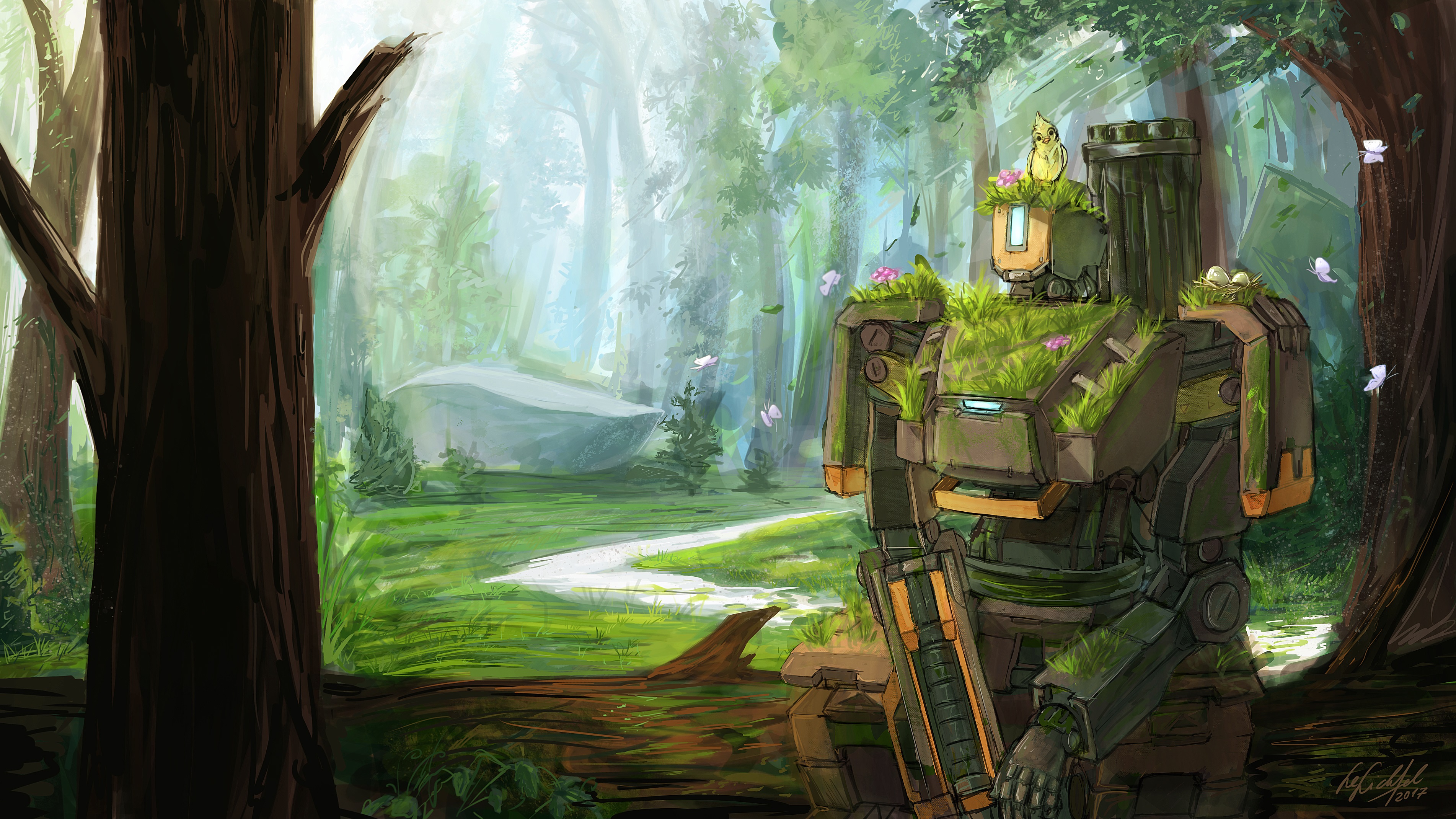 Overwatch Bastion: Forest guardian with bird and nest HD Wallpaper