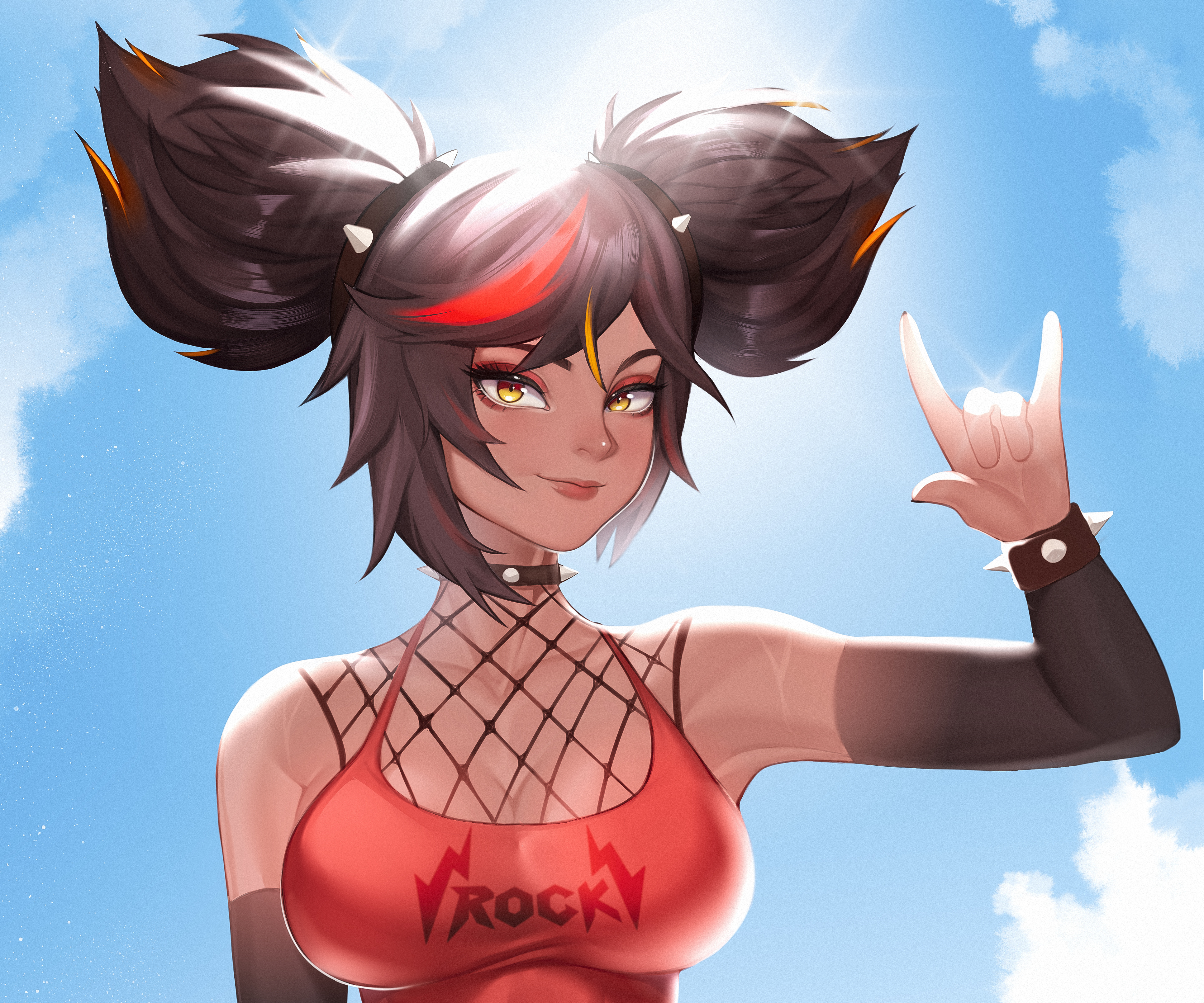 Xinyan (Genshin Impact) rock on gesture under sunny sky HD Wallpaper