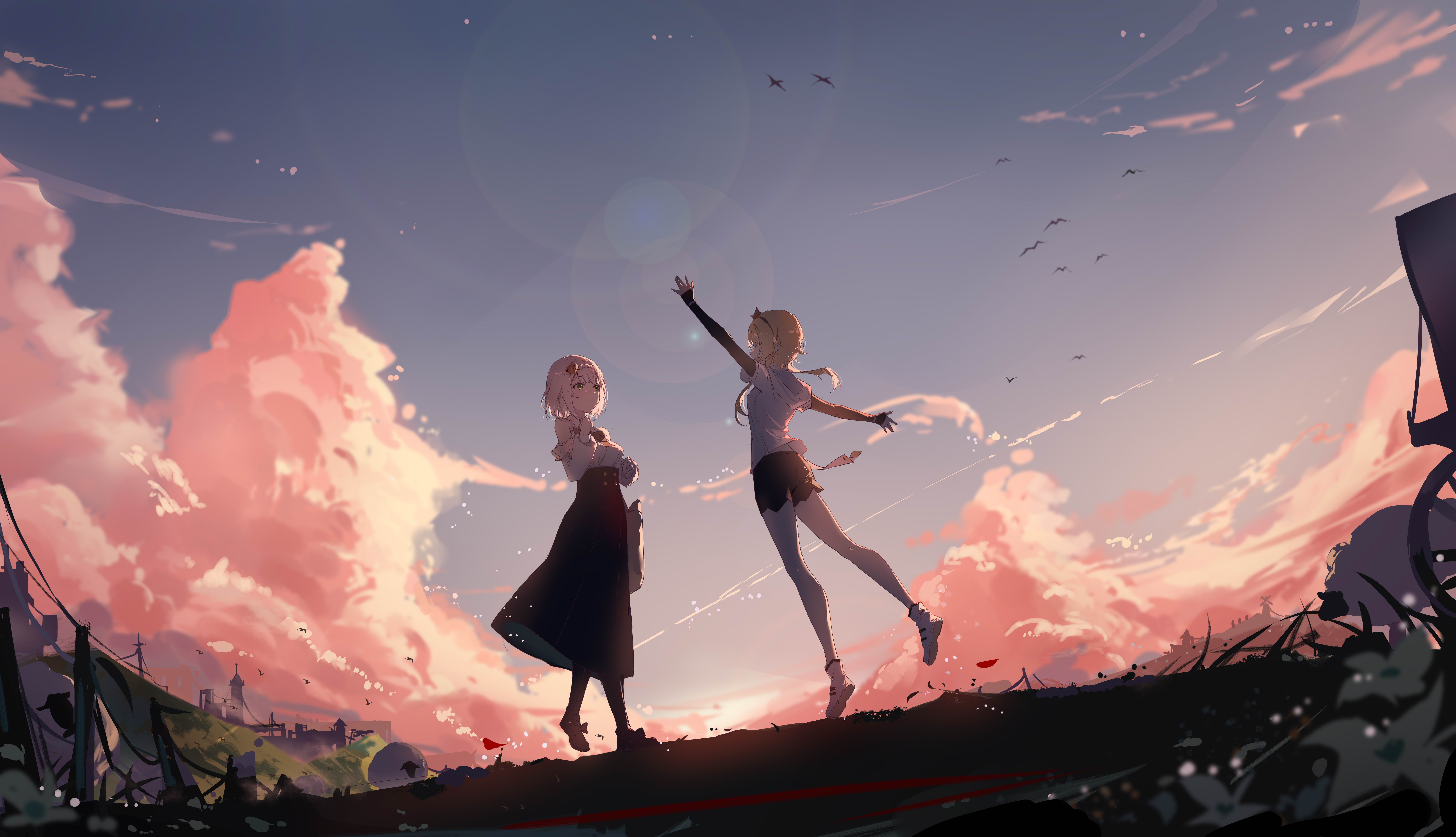 Genshin Impact Lumine and Noelle at Sunset HD Wallpaper