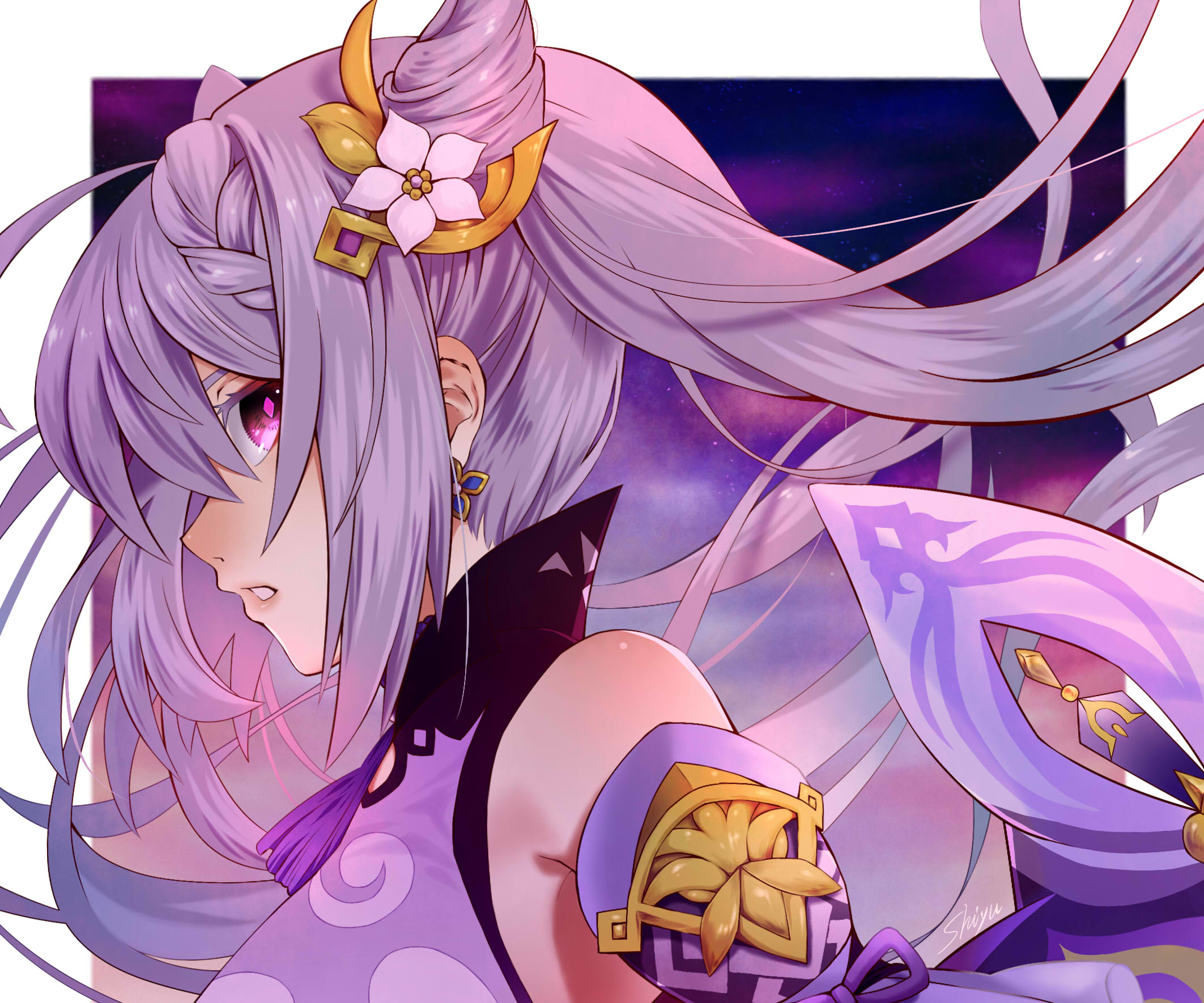 Keqing Genshin Impact with purple hair and glowing eyes HD Wallpaper