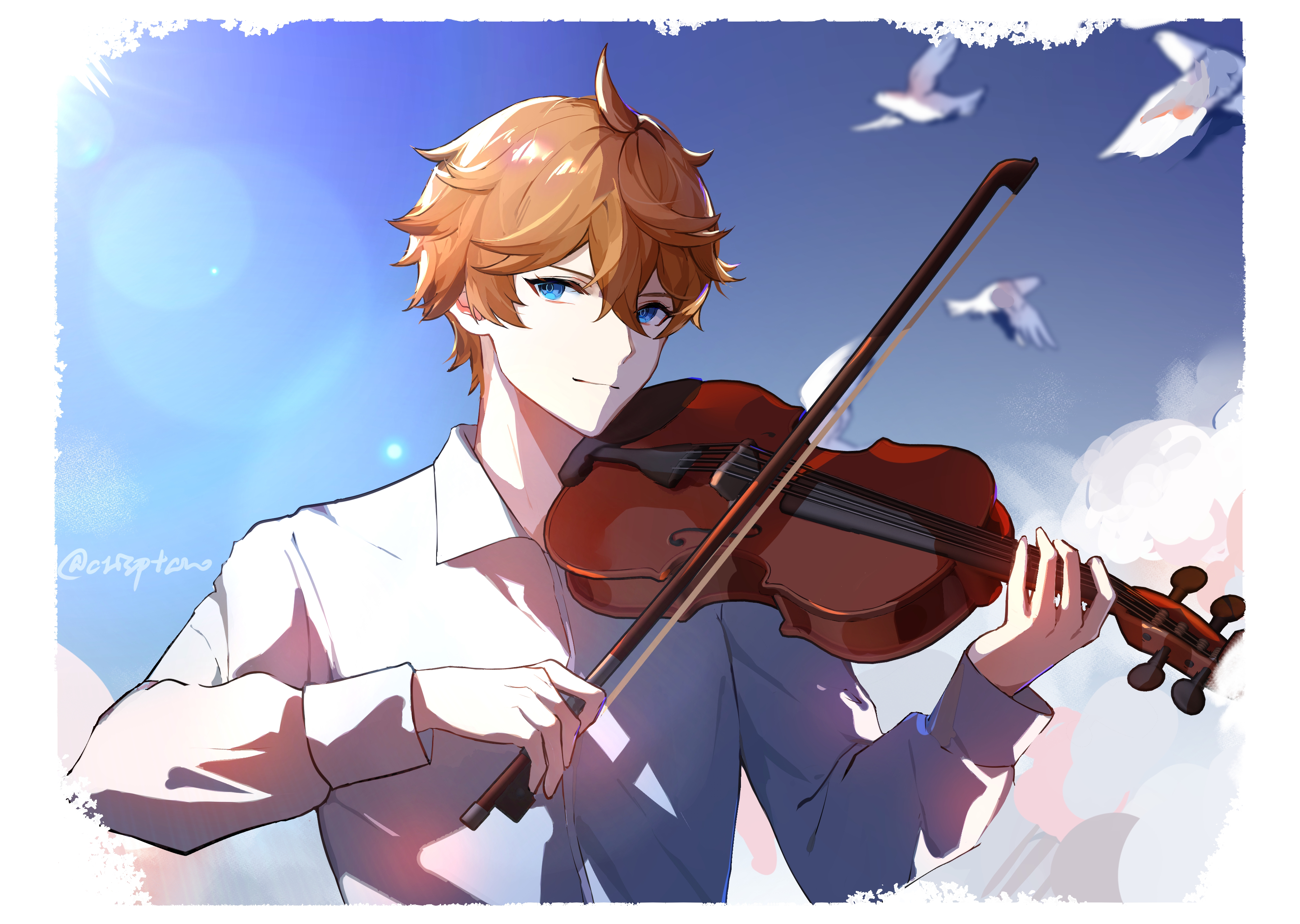 Tartaglia Childe playing violin under a bright sky HD Wallpaper