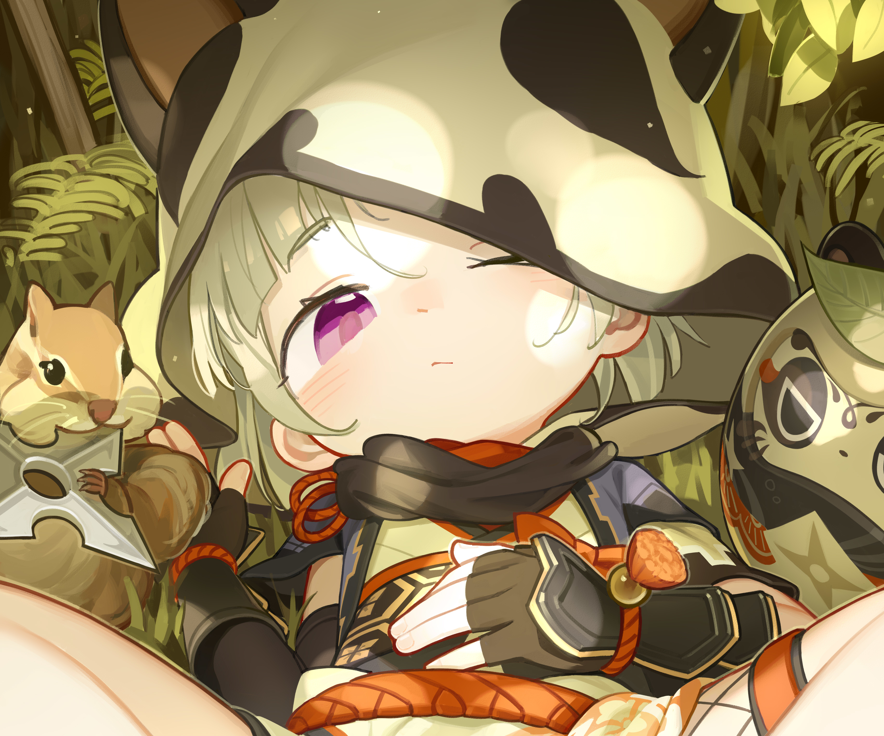 Chibi Sayu (Genshin Impact) winks with forest friends HD Wallpaper