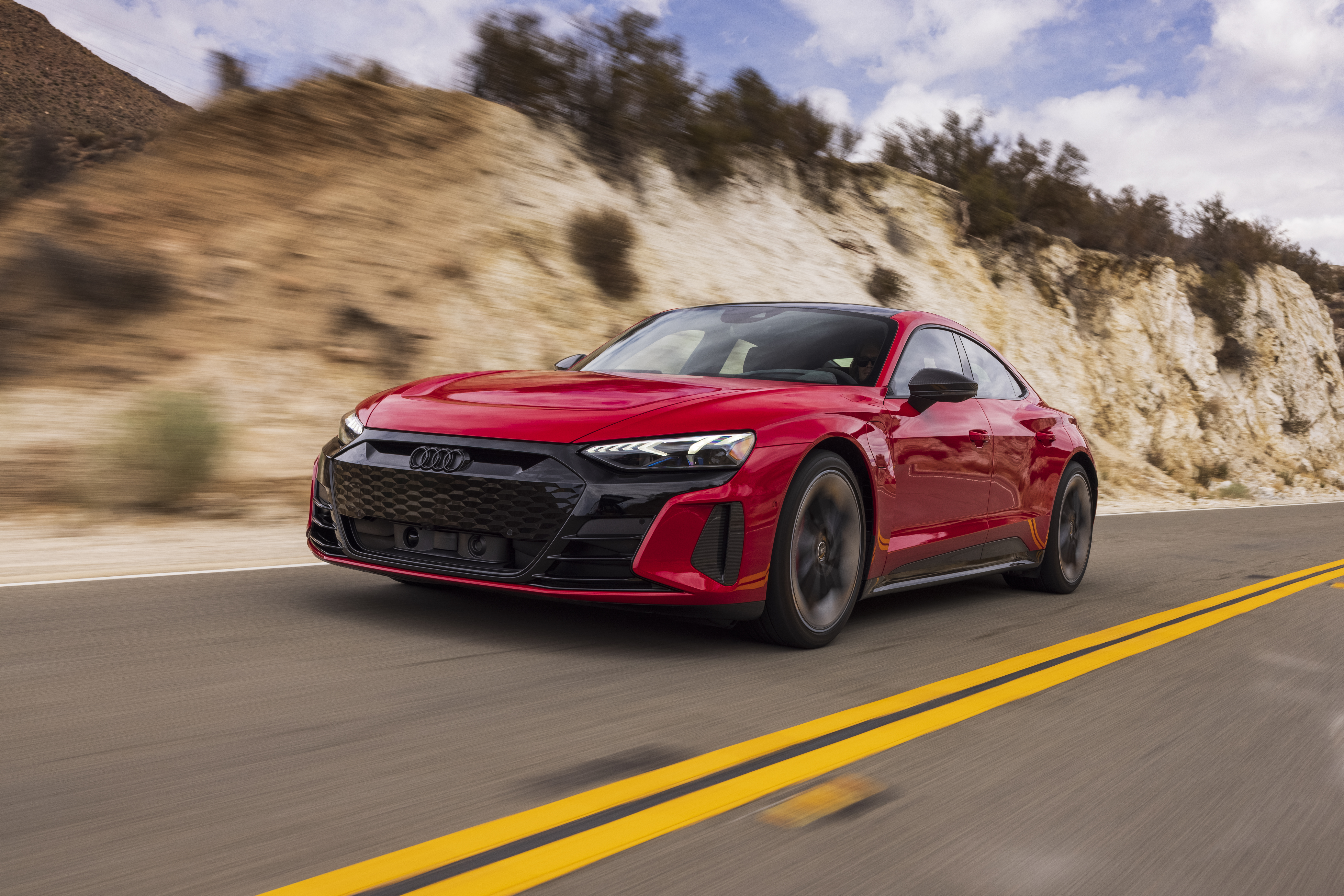 Red Audi RS e-tron GT Electric Sport Car on Mountain Road HD Wallpaper