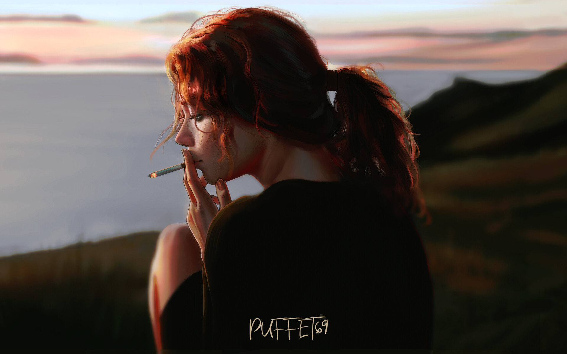Redhead woman smoking, watching sunset over the sea HD Wallpaper
