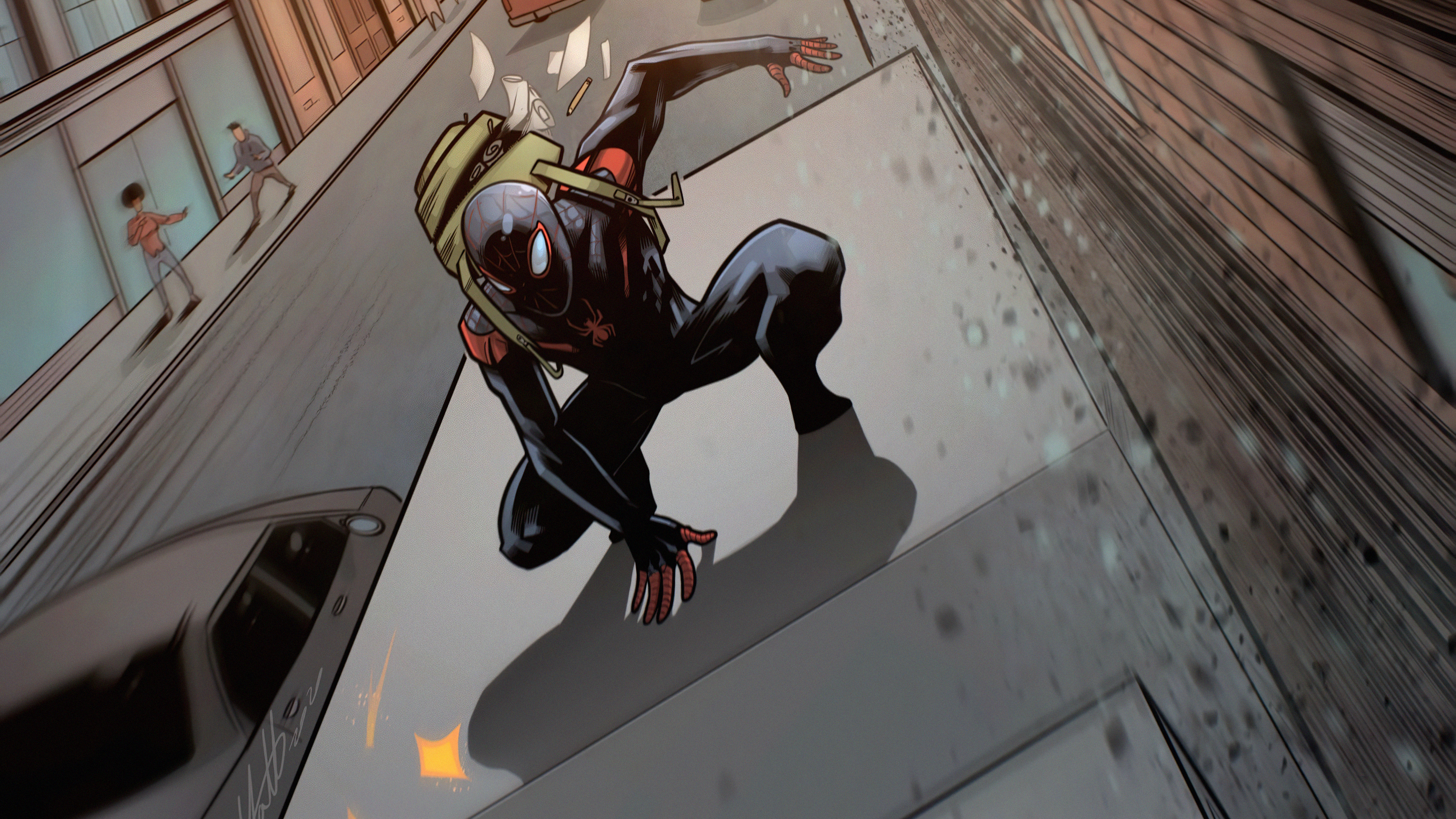 Miles Morales Spider-Man overlooking city street from above HD Wallpaper