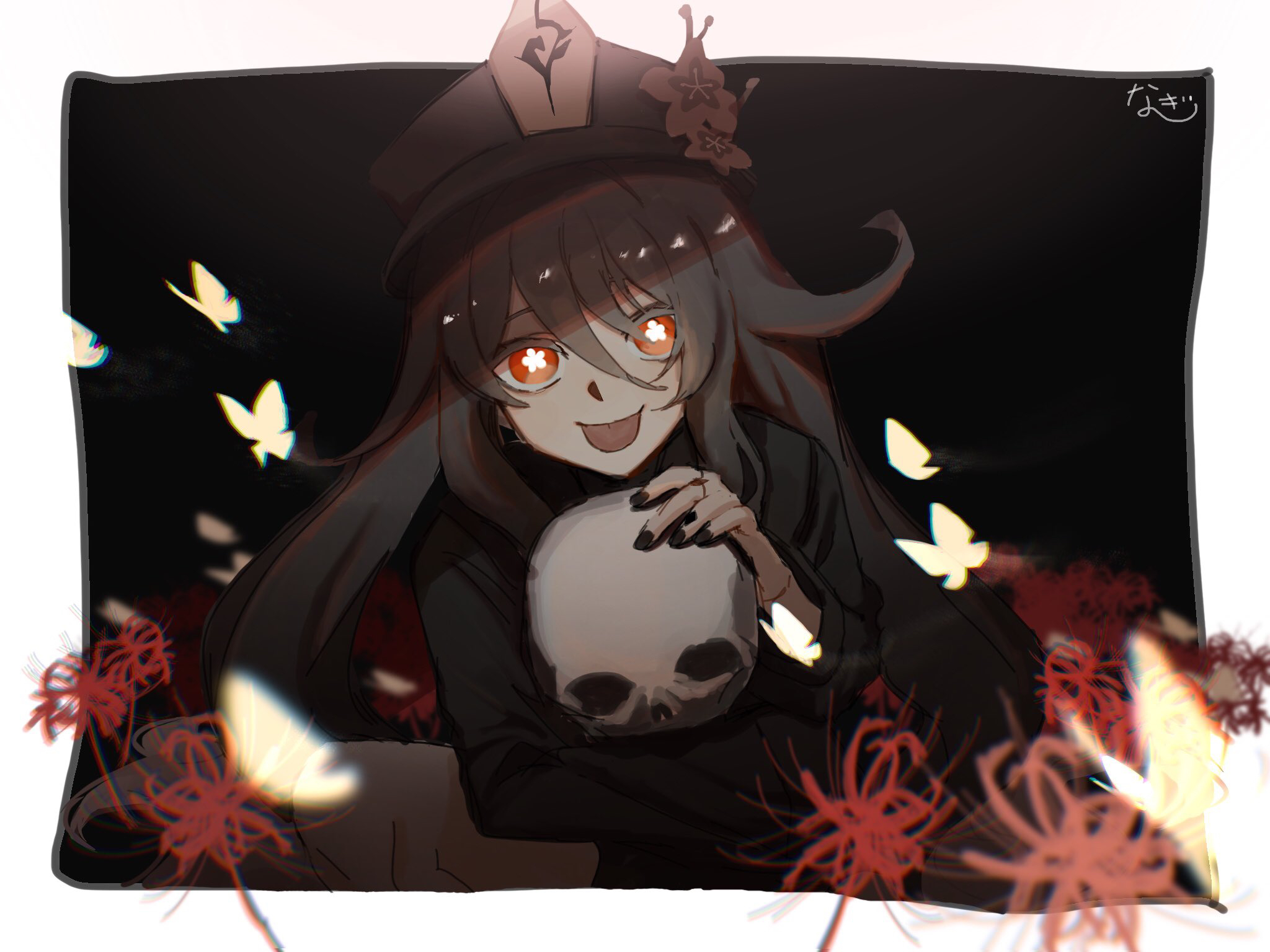 Hu Tao with Skull, Spider Lilies, and Butterflies HD Wallpaper