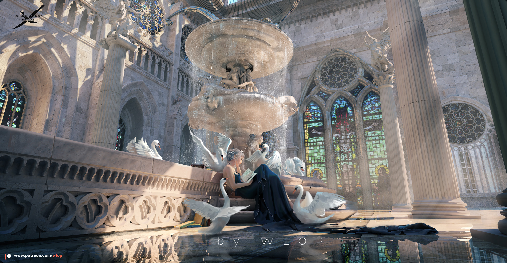GhostBlade Princess Reading by Fountain with Swans HD Wallpaper