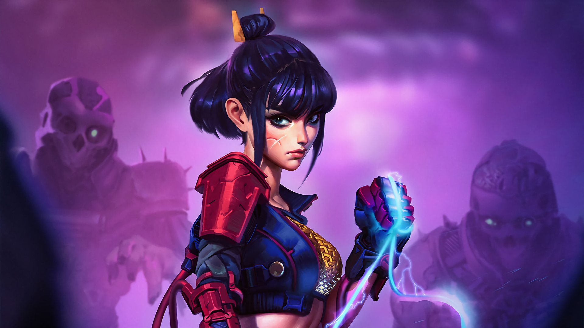 Fantasy Warrior Woman with Electric Power Against Monsters HD Wallpaper
