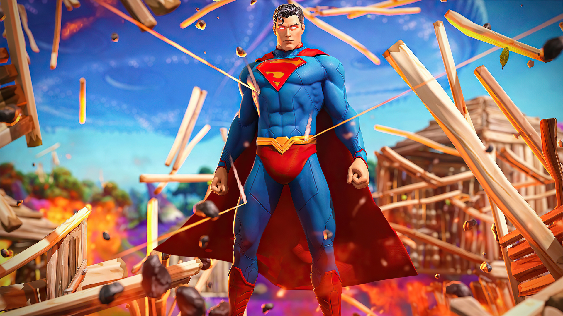 Fortnite Superman with glowing red eyes and destruction HD Wallpaper