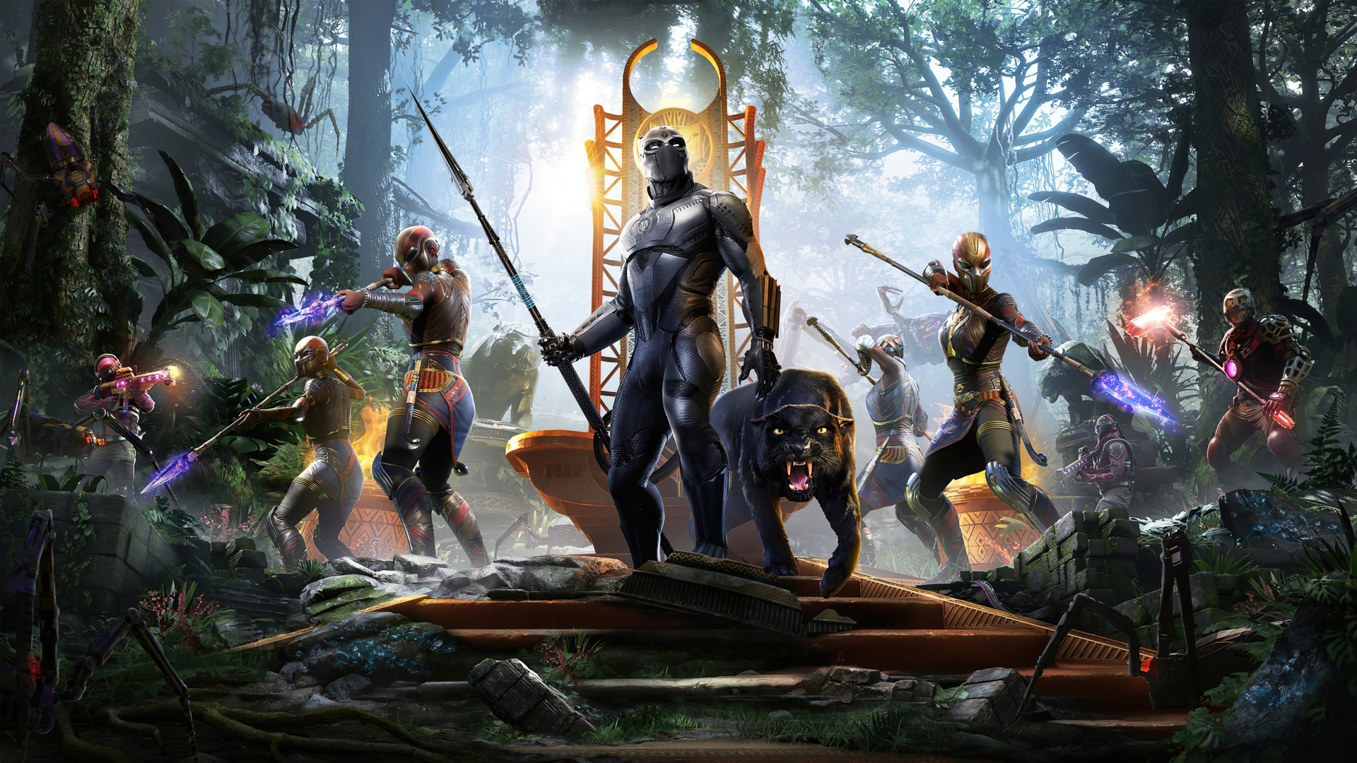 Black Panther and Wakandan Warriors in Jungle Battle HD Wallpaper