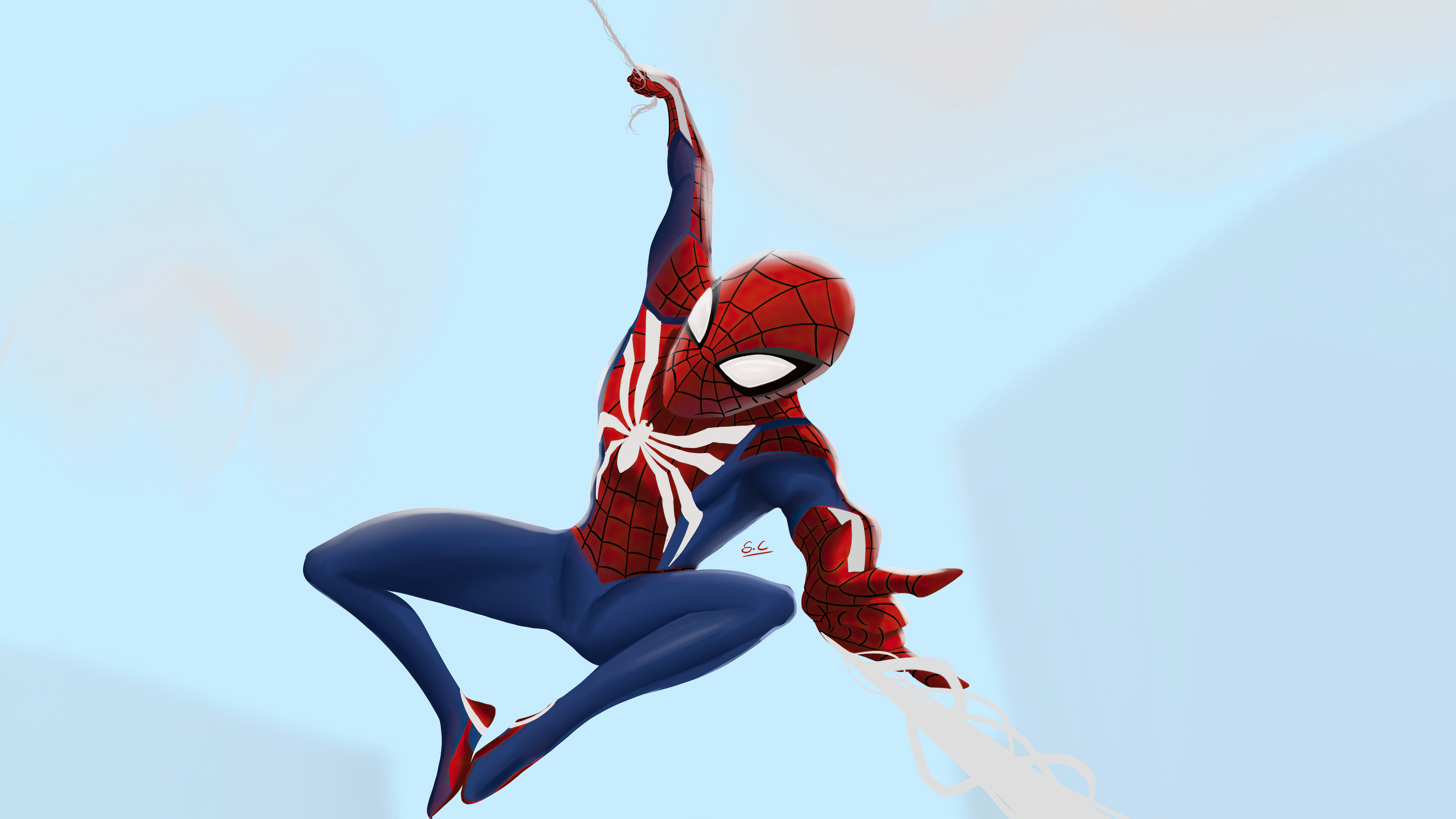 Spider-Man swinging through the sky HD Wallpaper