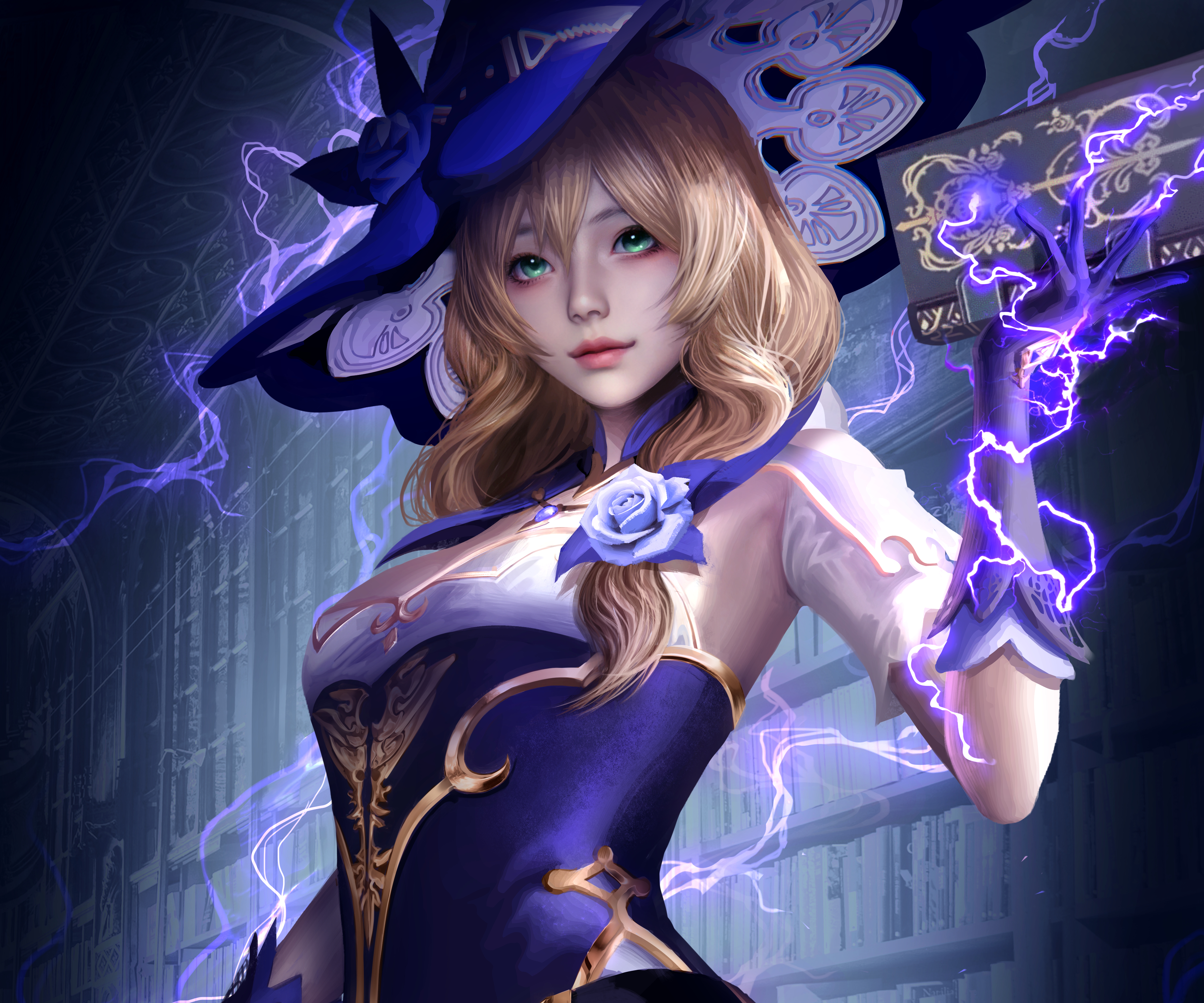 Realistic Lisa Genshin Impact with lightning magic HD Wallpaper
