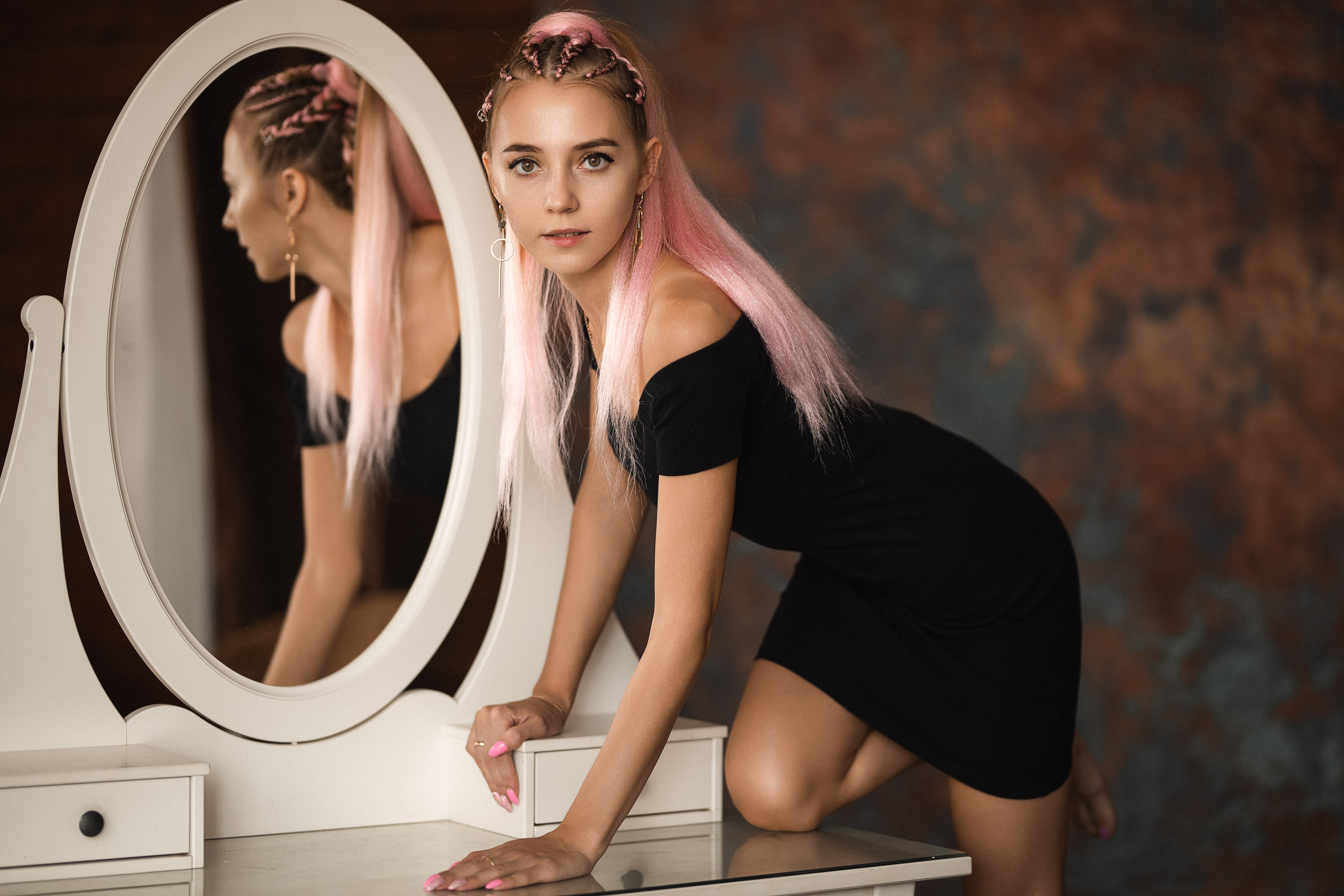 Model with Pink Hair in Black Dress 4K HD Wallpaper