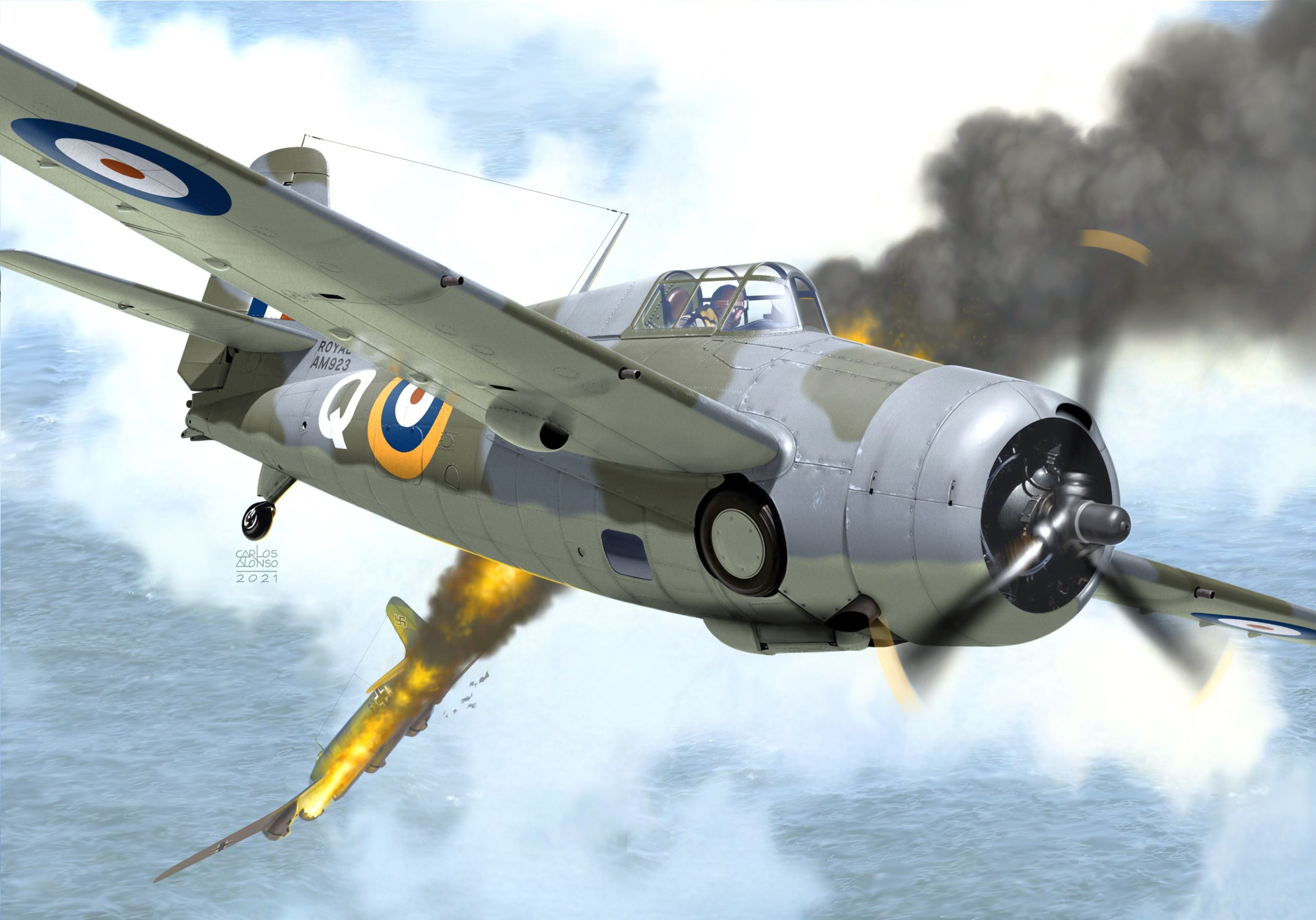 Royal Air Force Grumman Wildcat downs enemy plane over sea HD Wallpaper