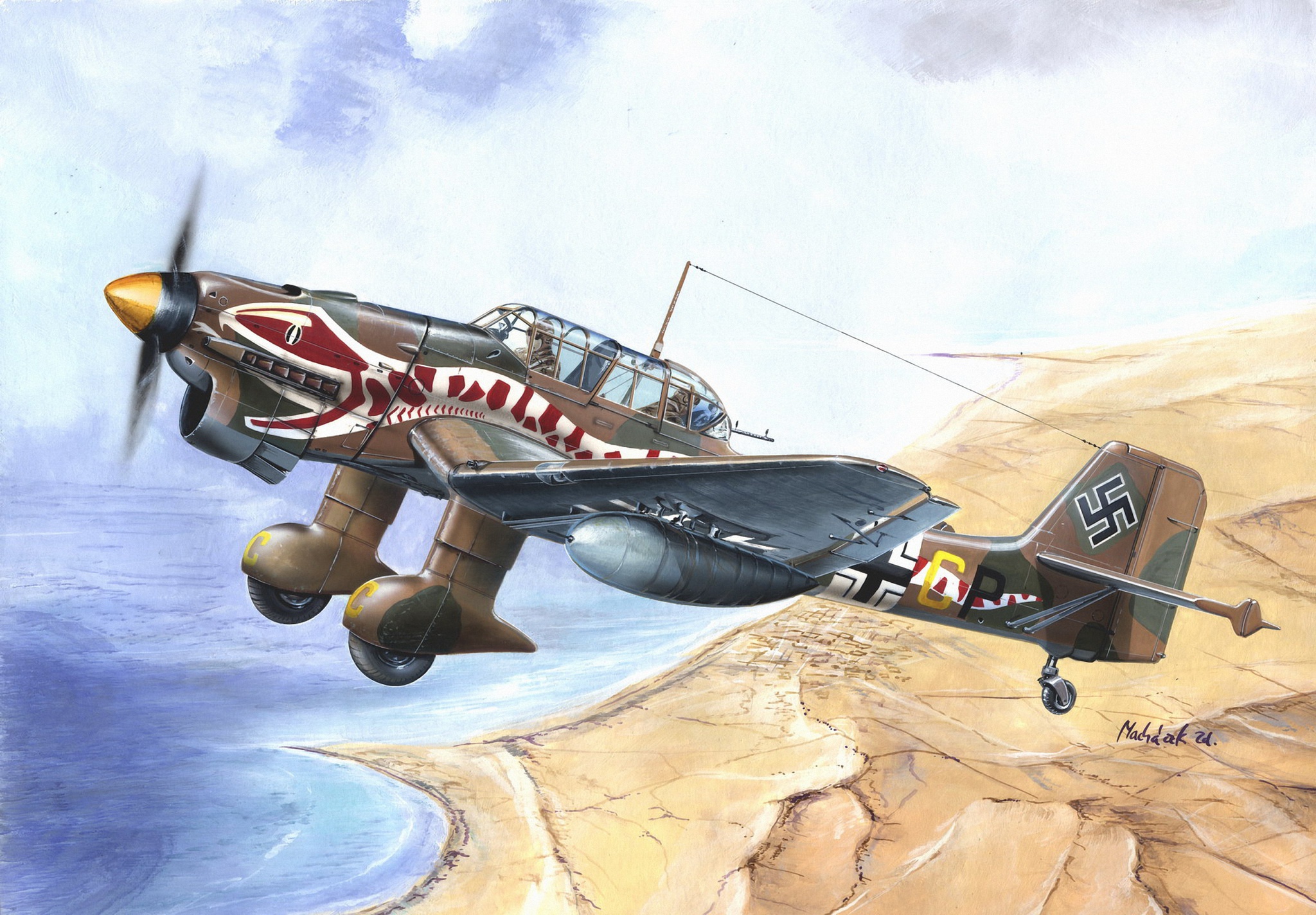Luftwaffe Stuka bomber with snake mouth art over desert HD Wallpaper
