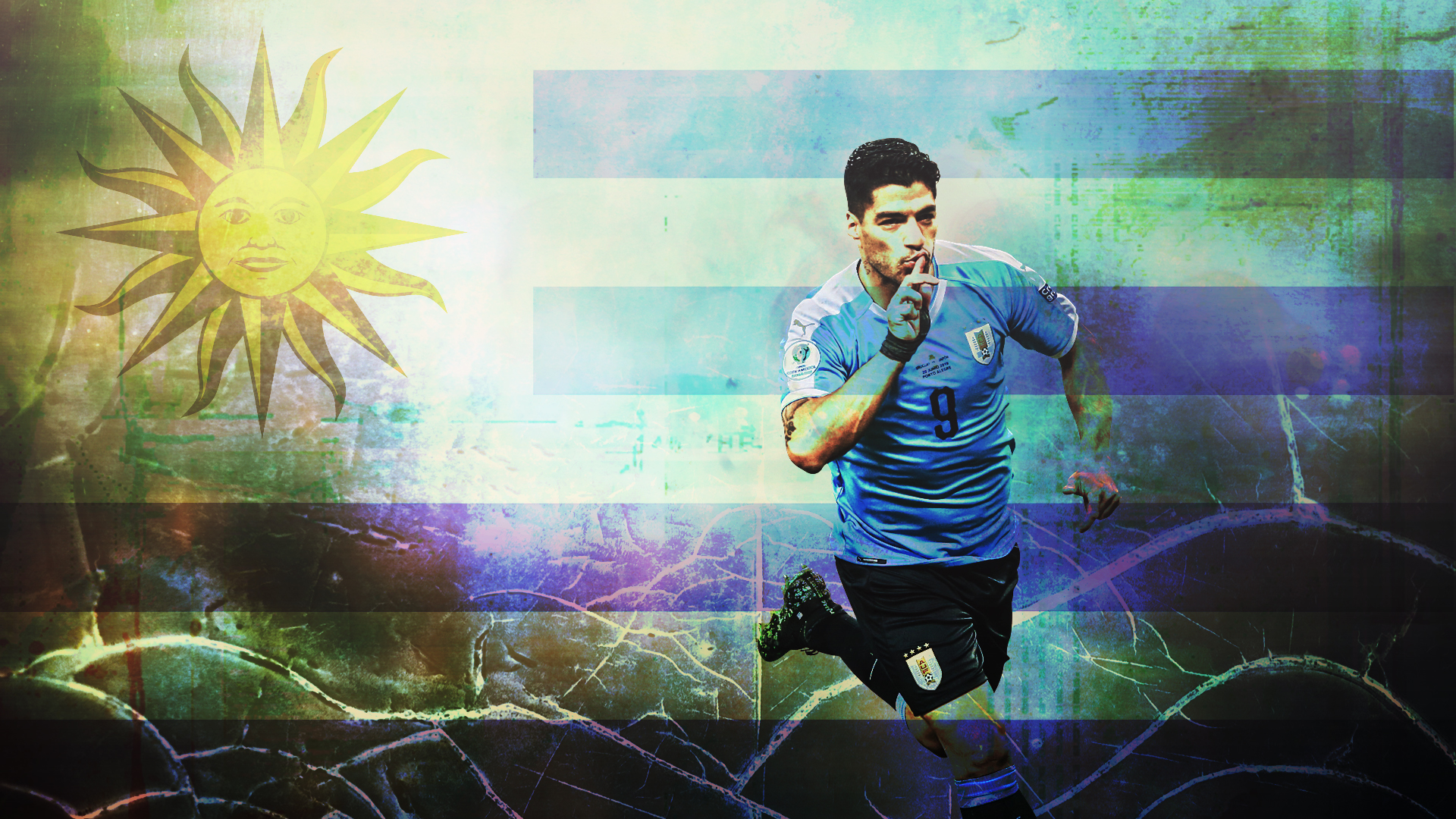 Luis Suarez Shushing on Uruguay Flag Background HD Wallpaper