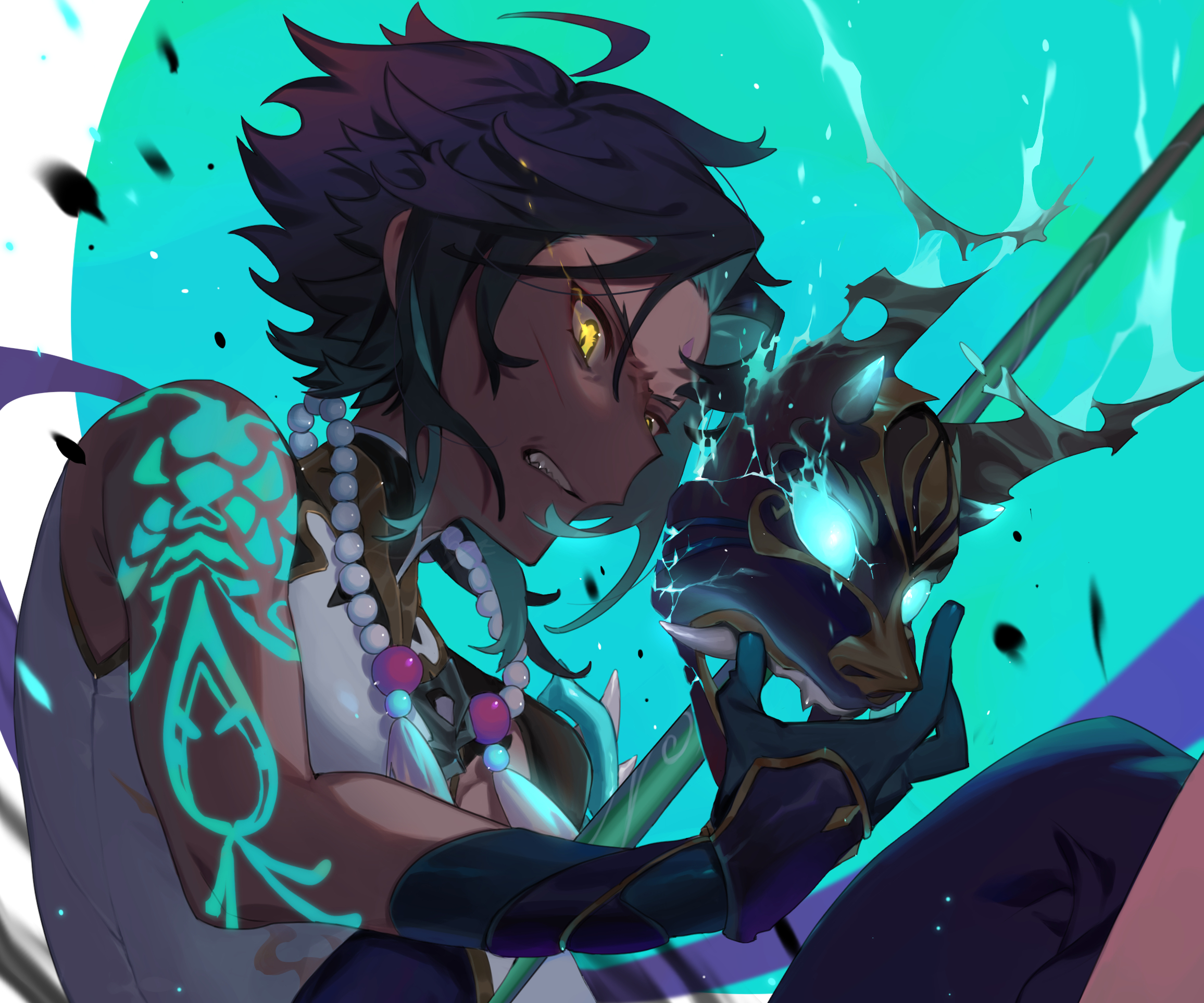 Xiao (Genshin Impact) with glowing mask and fierce expression HD Wallpaper