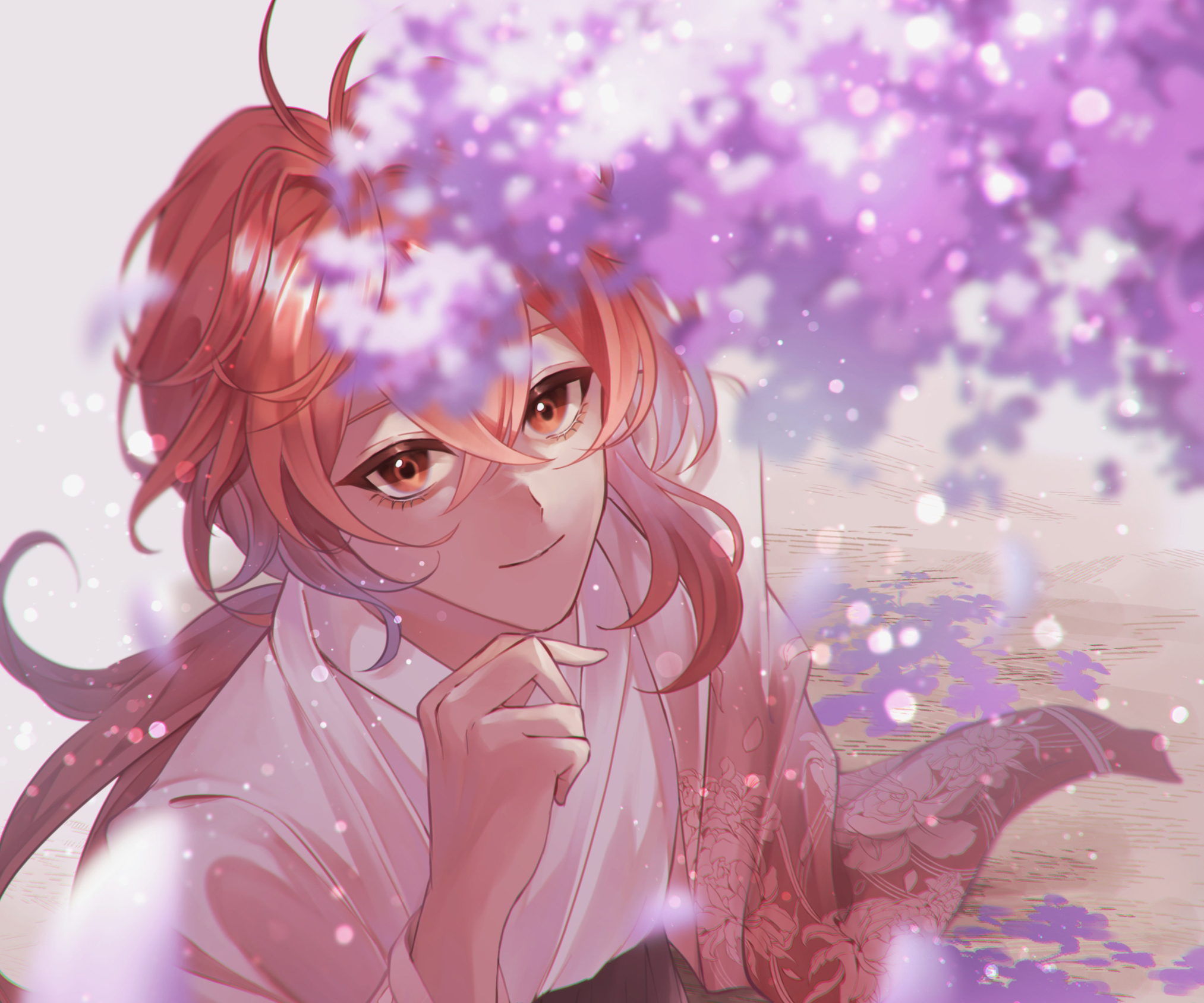Diluc Genshin Impact smiling under purple blossoms HD Wallpaper