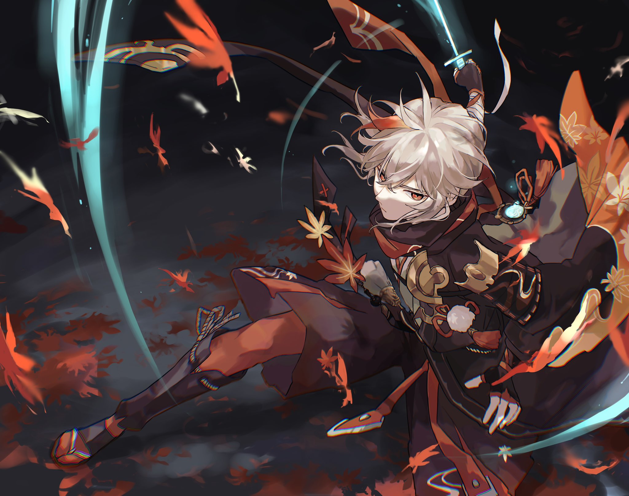 Kaedehara Kazuha's Anemo sword strike with autumn leaves HD Wallpaper
