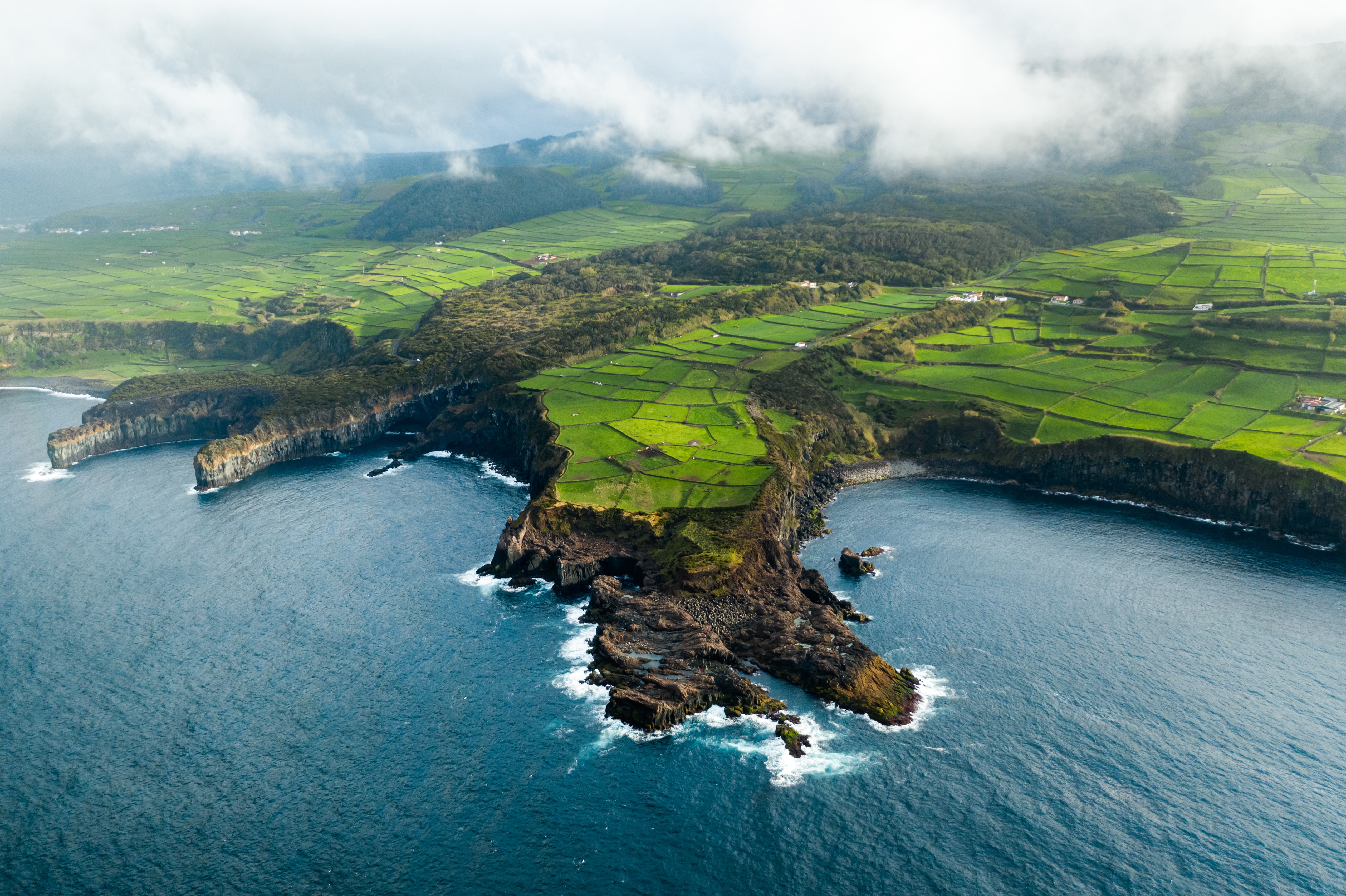 Lush green fields and dramatic coastline of Azores, Portugal HD Wallpaper