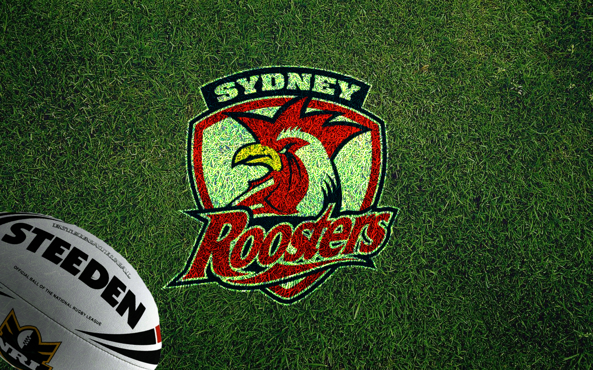 Sydney Roosters NRL Logo on Grass with Rugby Ball HD Wallpaper
