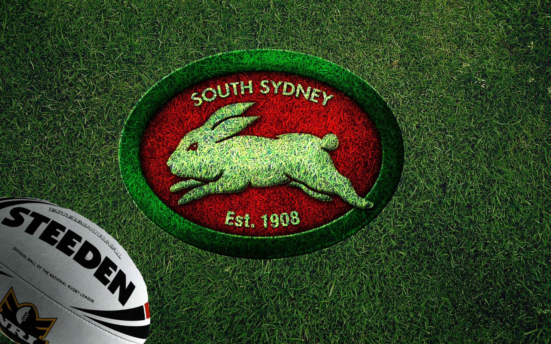South Sydney Rabbitohs NRL Logo and Rugby Ball on Grass HD Wallpaper