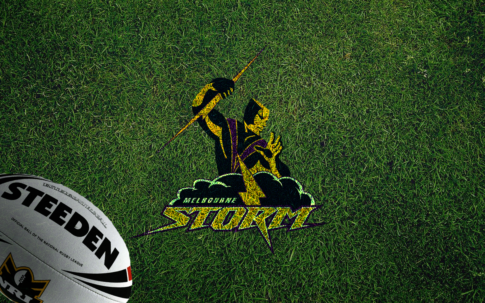 Melbourne Storm NRL Logo and Rugby Ball on Grass HD Wallpaper