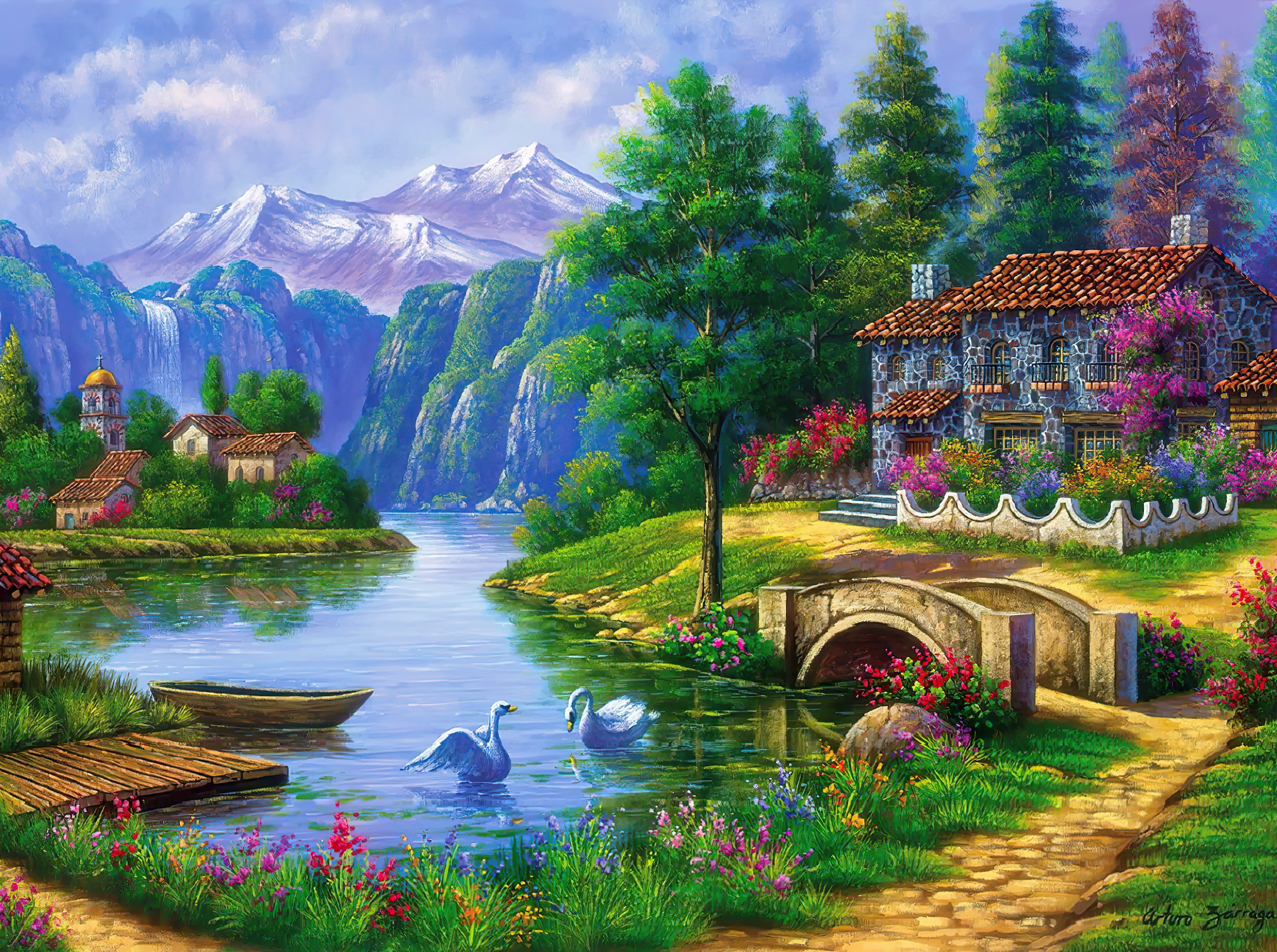 Colorful Swan Lake Village with Mountain Waterfall HD Wallpaper