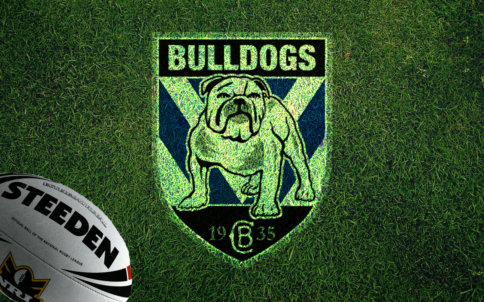 NRL Bulldogs Logo on Grassy Field with Rugby Ball HD Wallpaper